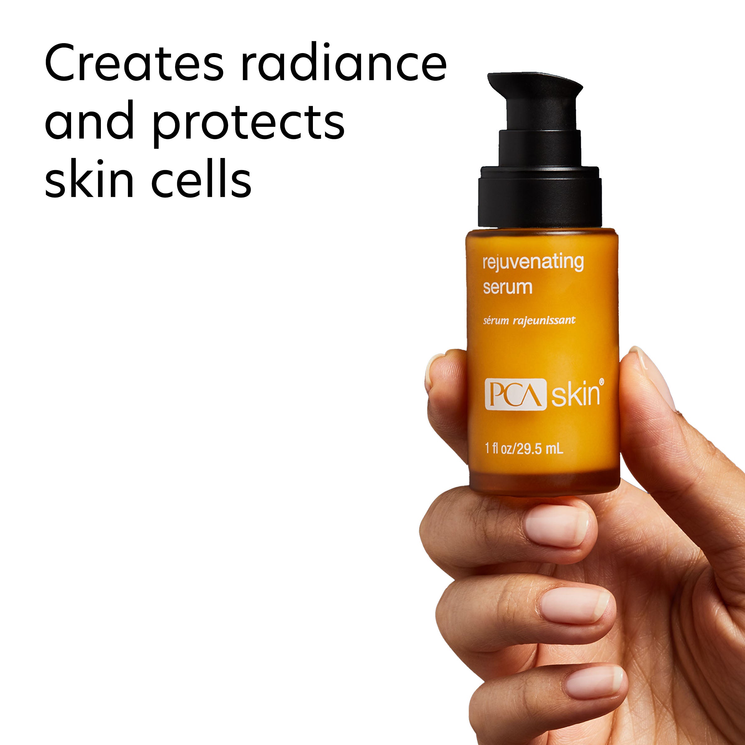 PCA Skin rejuvenating serum bottle held by a hand with text about skin cell protection.