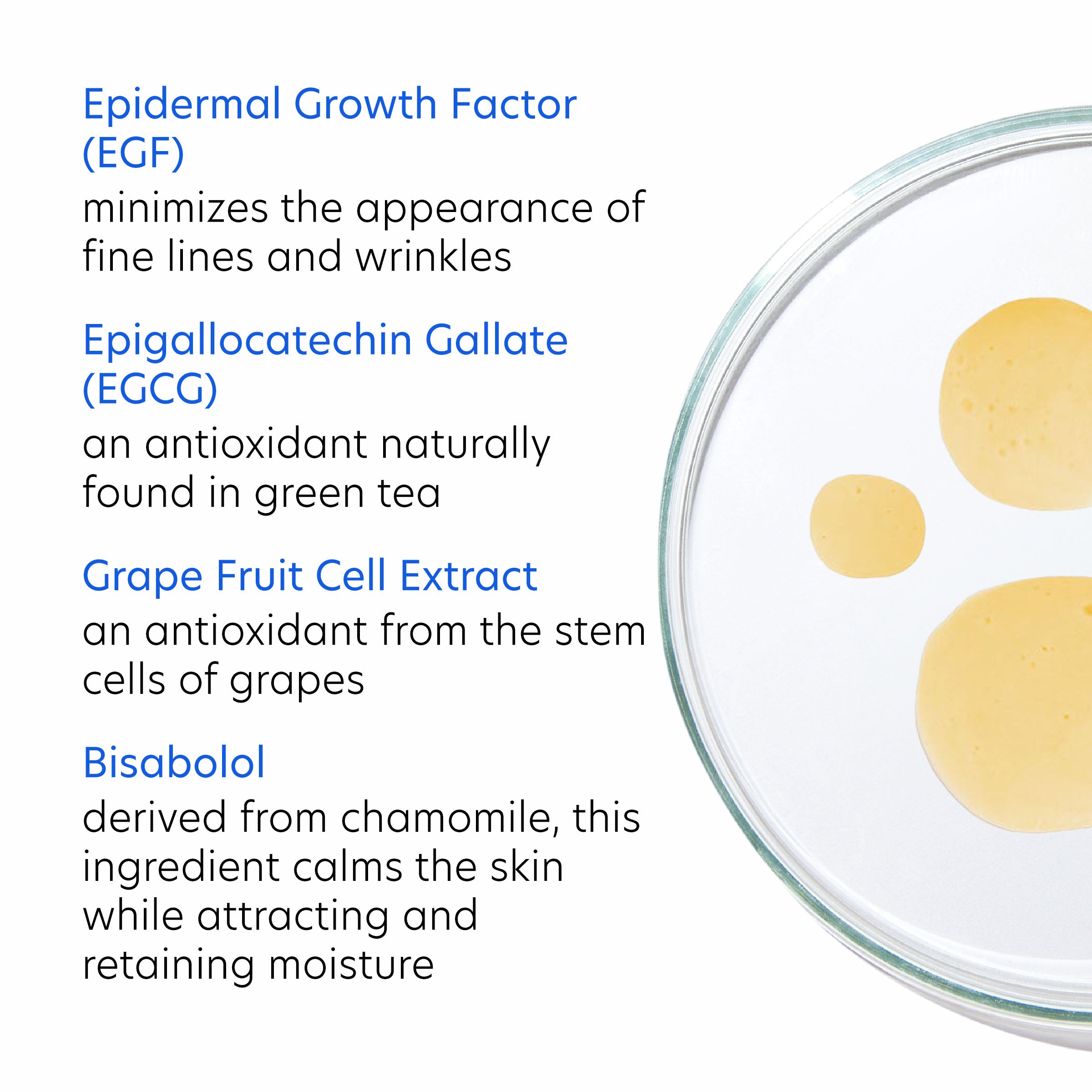 Glass container with yellow substance and text about skincare ingredients on a white background
