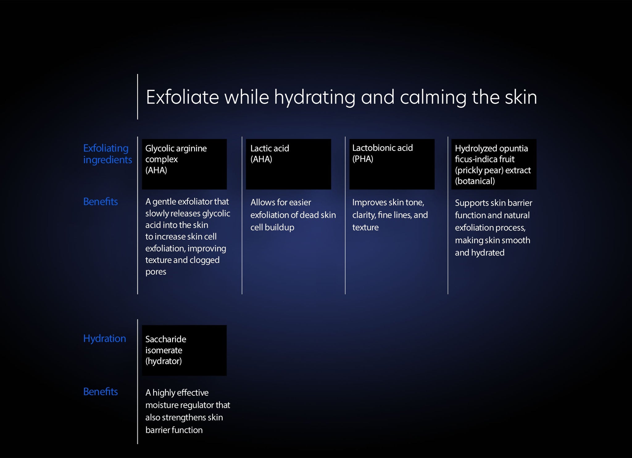 Text detailing exfoliating ingredients and their benefits on a dark background