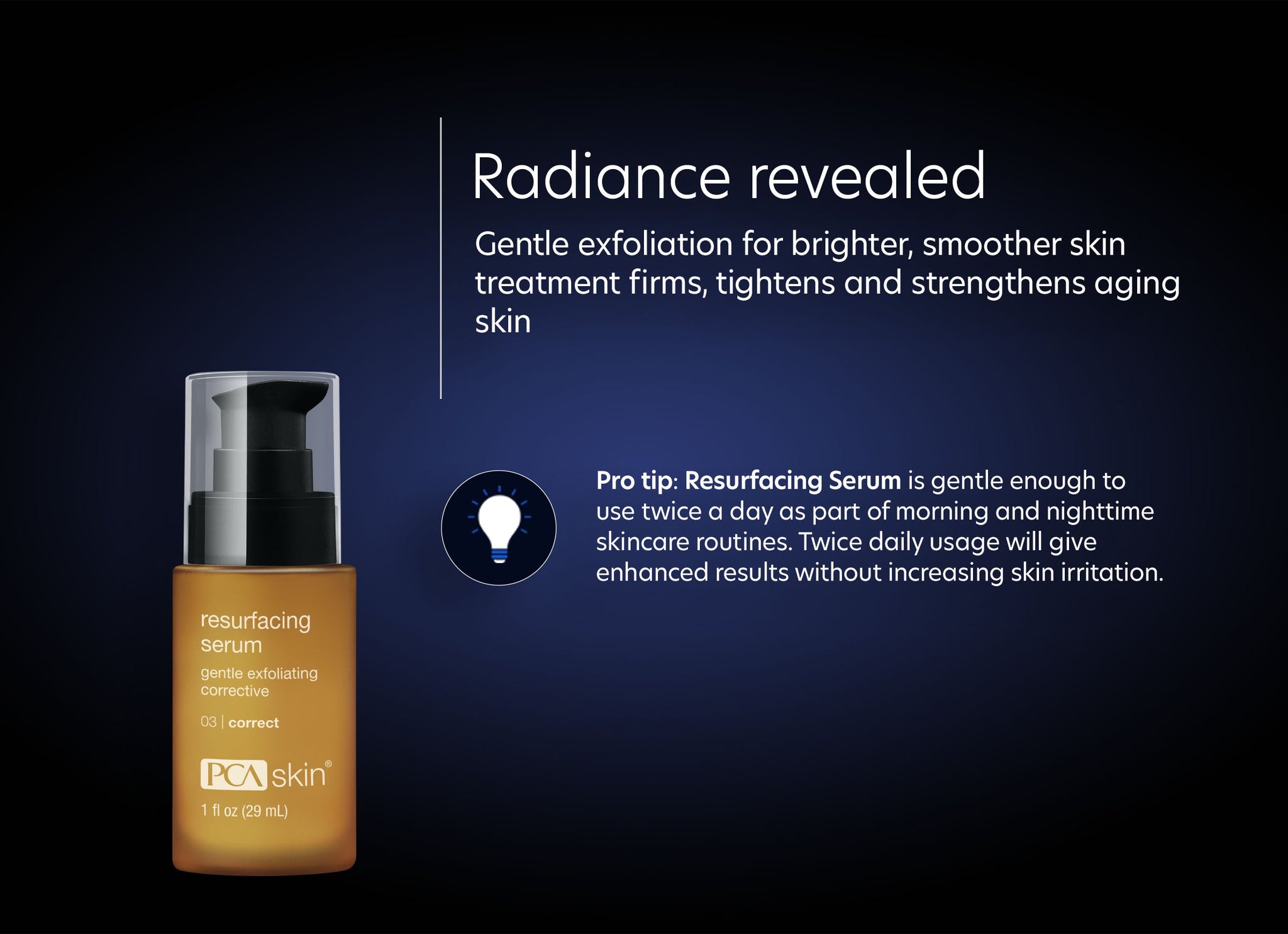 PCA Skin resurfacing serum bottle with text on a dark background