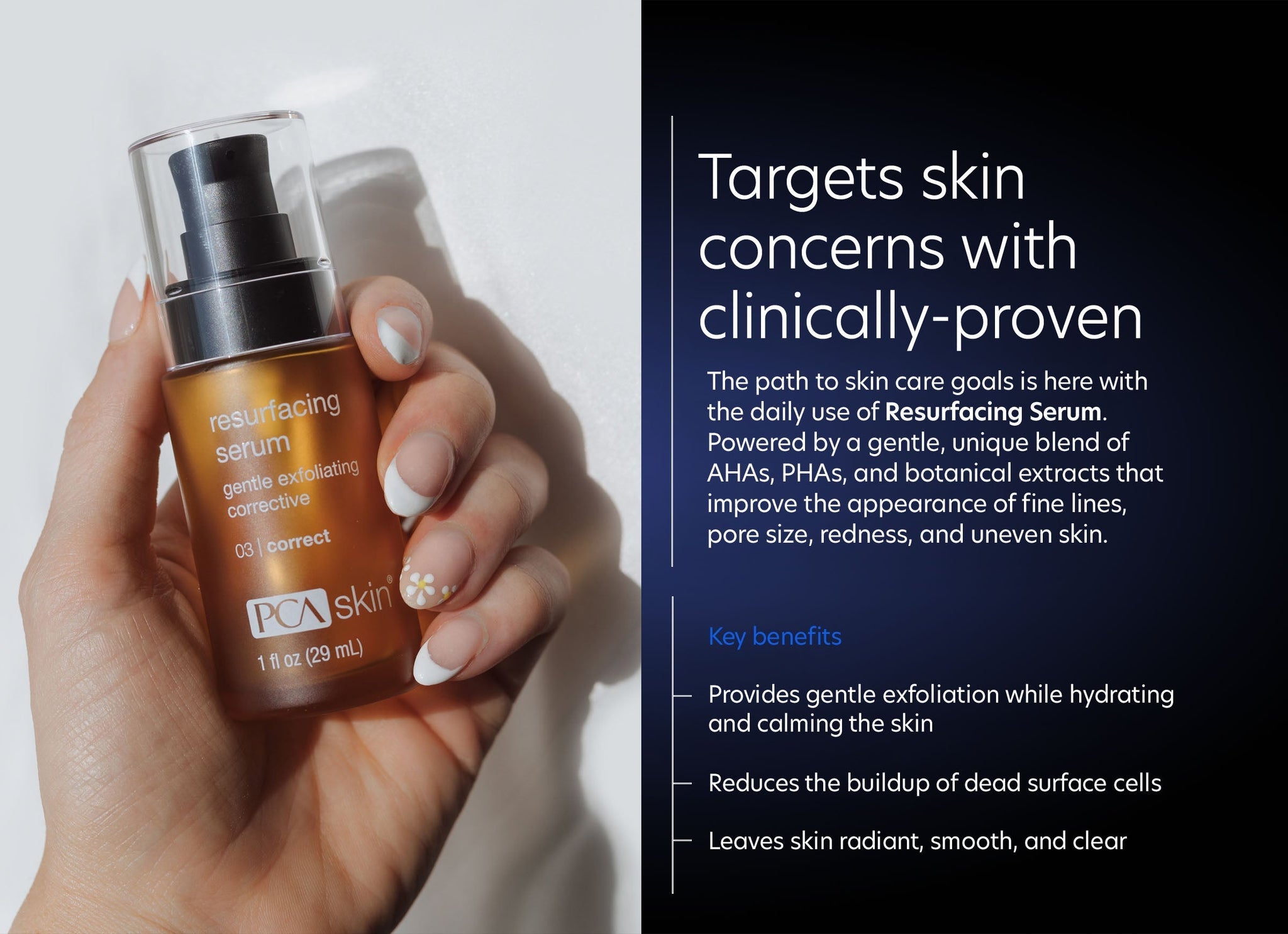 PCA Skin resurfacing serum bottle held in a hand with promotional text on a dark background