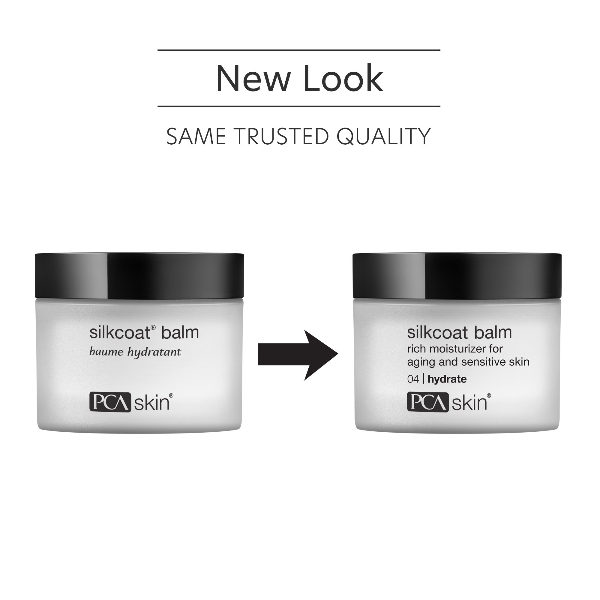 Two containers of PCA Skin silkcoat balm with a black arrow between them on a white background.