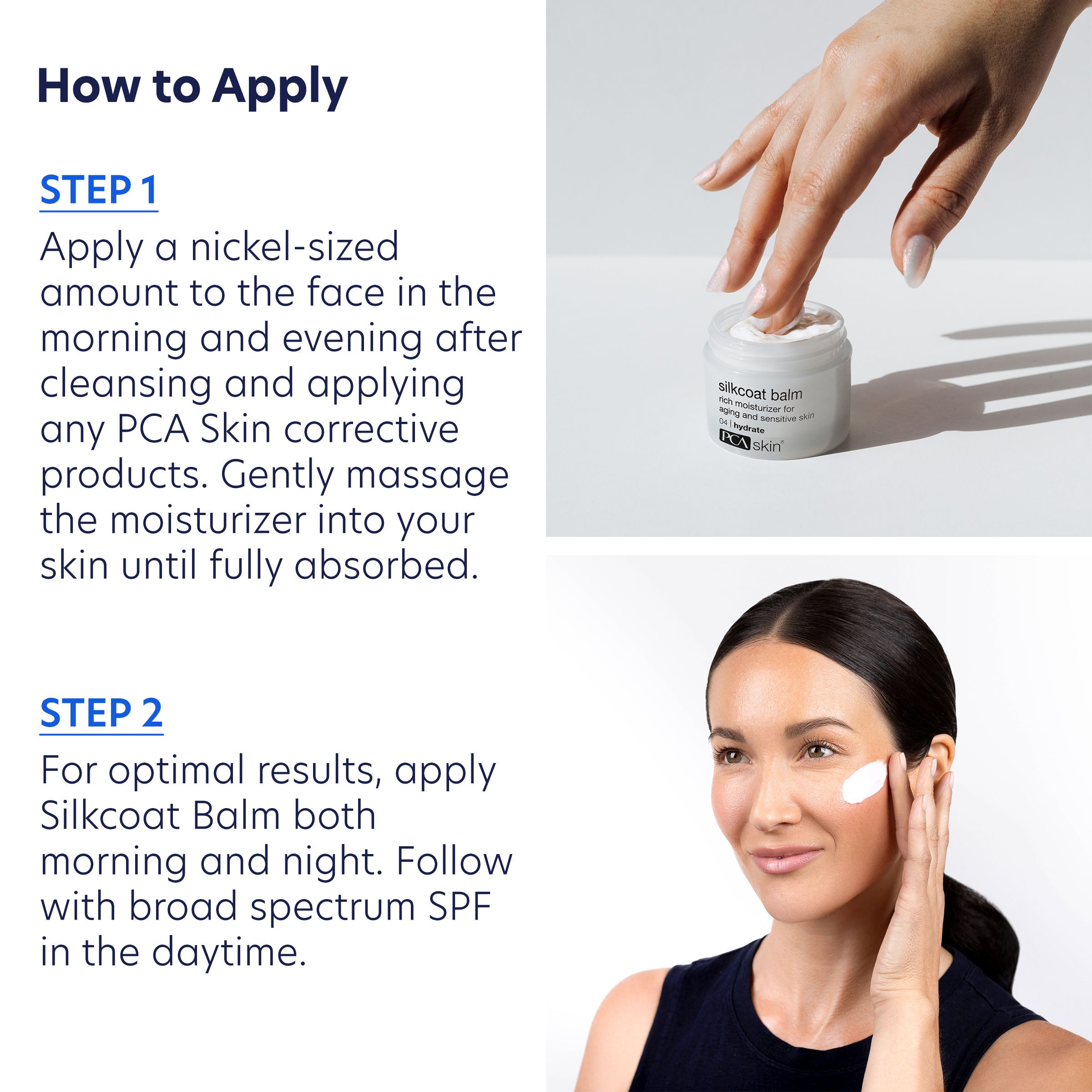 Instructions on how to apply a skincare product with text and a visual of a hand holding a jar.