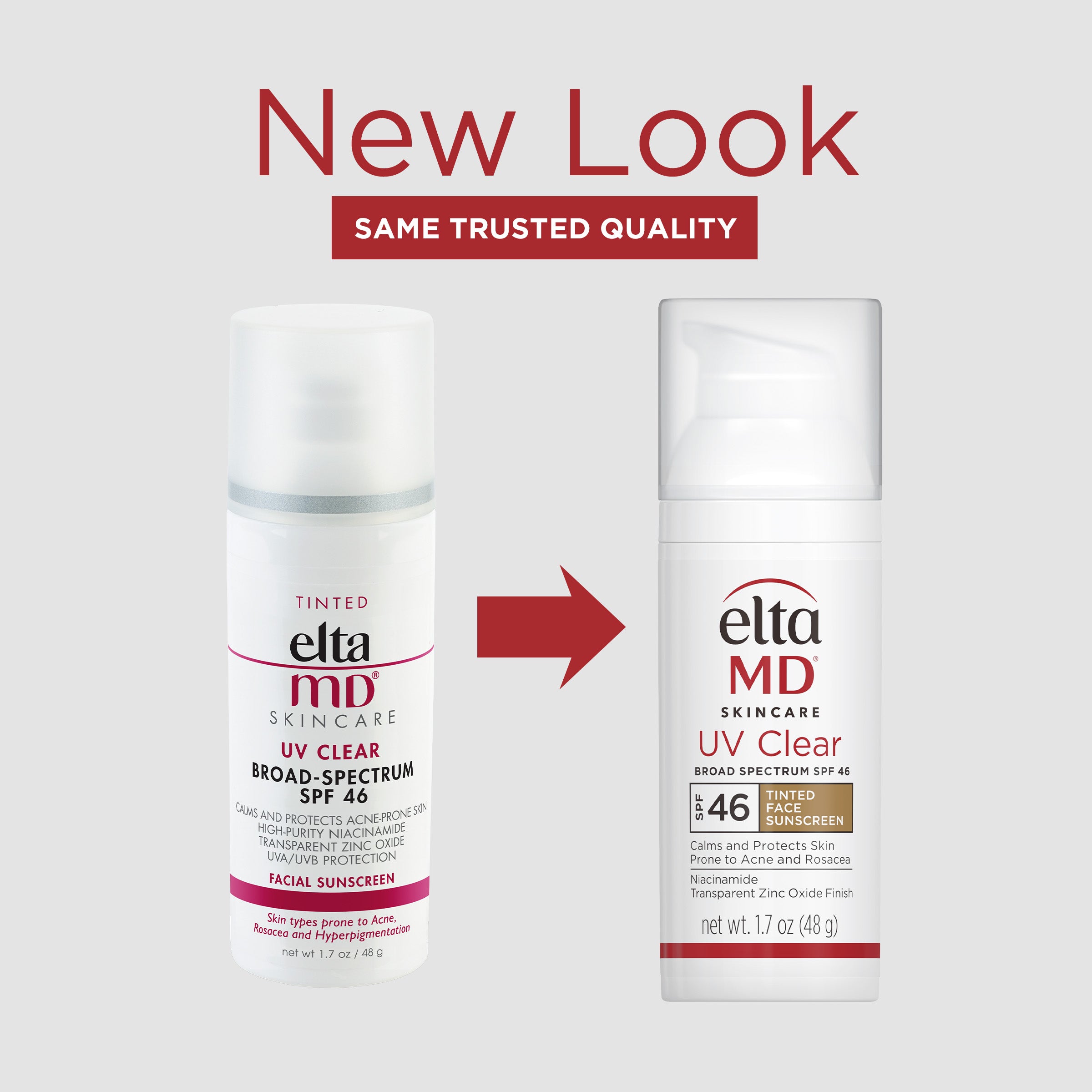 Two bottles of Elta MD skincare products with a 'New Look' banner on a white background.