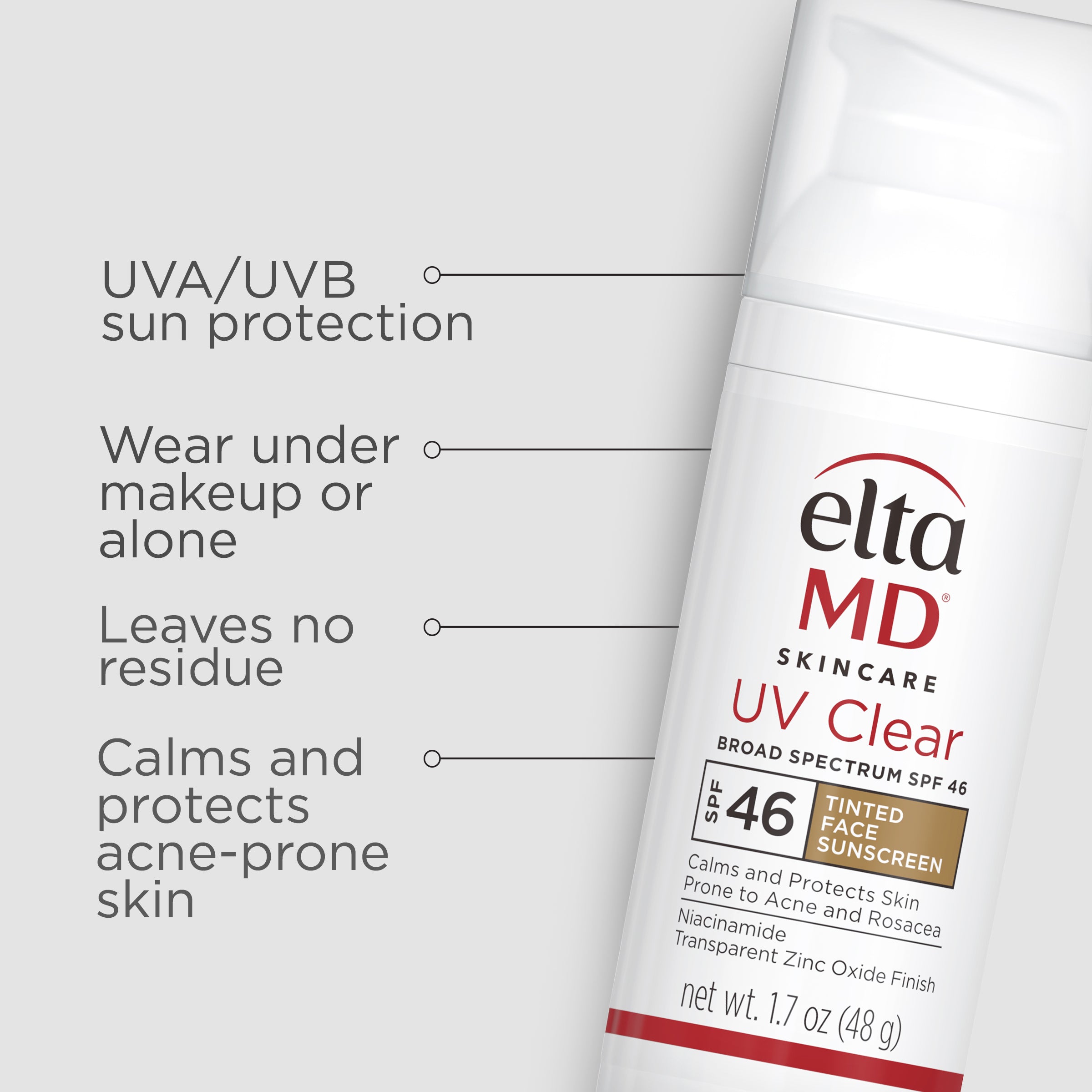 Eltamd UV Clear sunscreen tube with product features listed on a white background