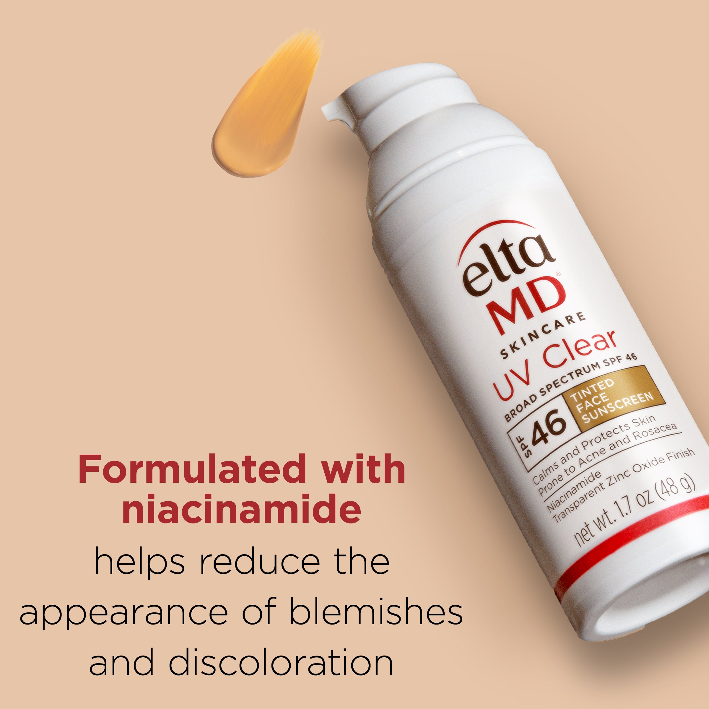 Elta MD skincare product on a beige background with text about niacinamide benefits.