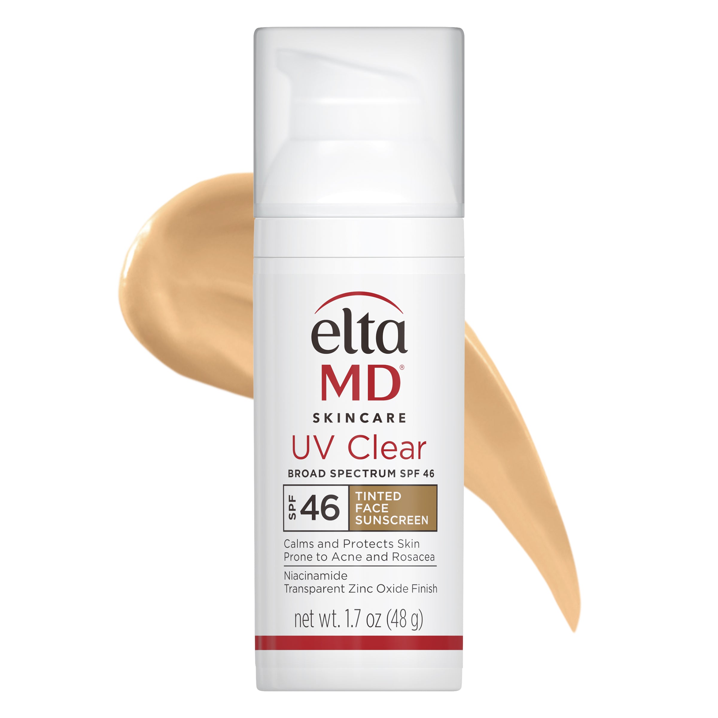 Eltamd UV Clear sunscreen bottle with a swatch of beige color on a white background