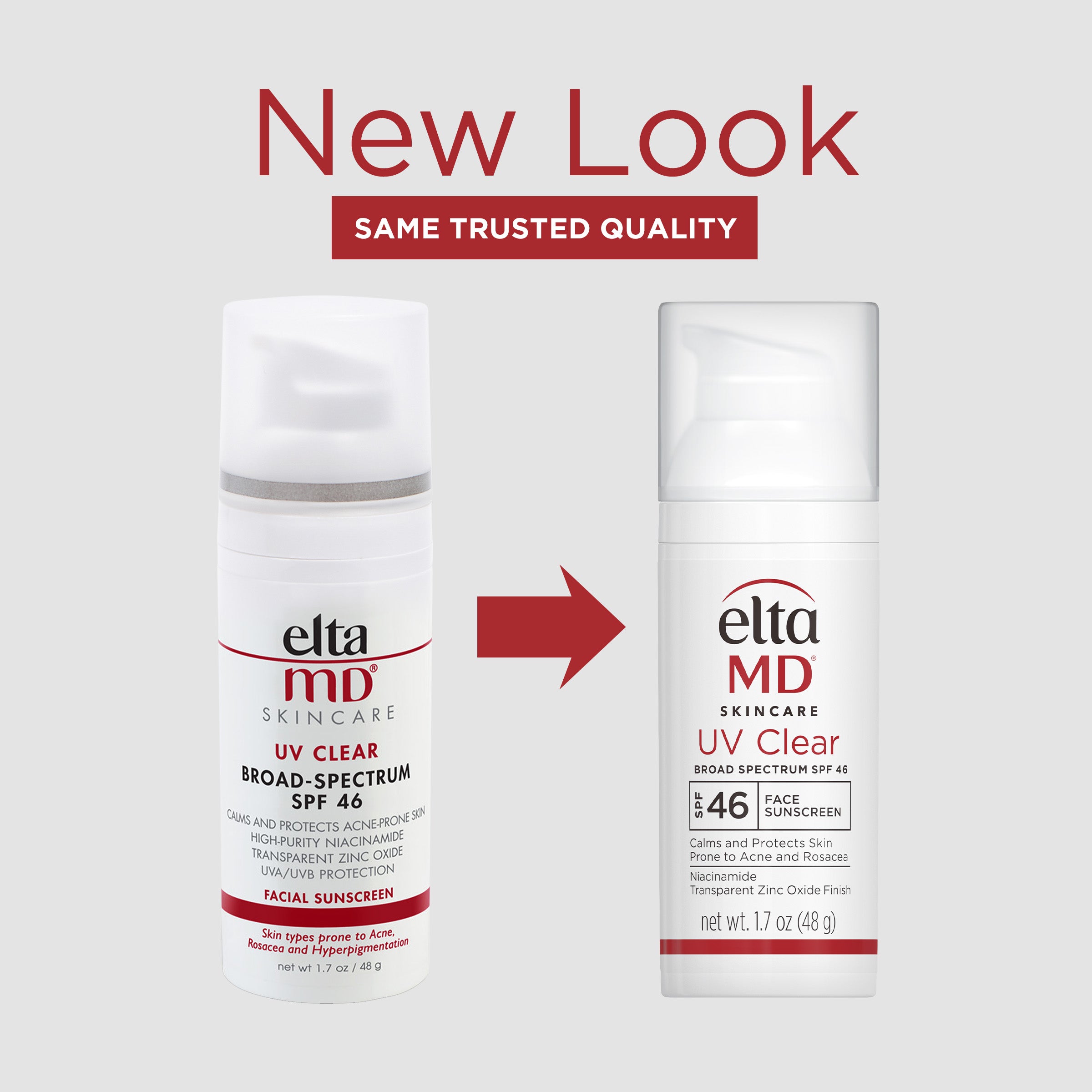 Two bottles of Elta MD skincare product with a 'New Look' banner above them.