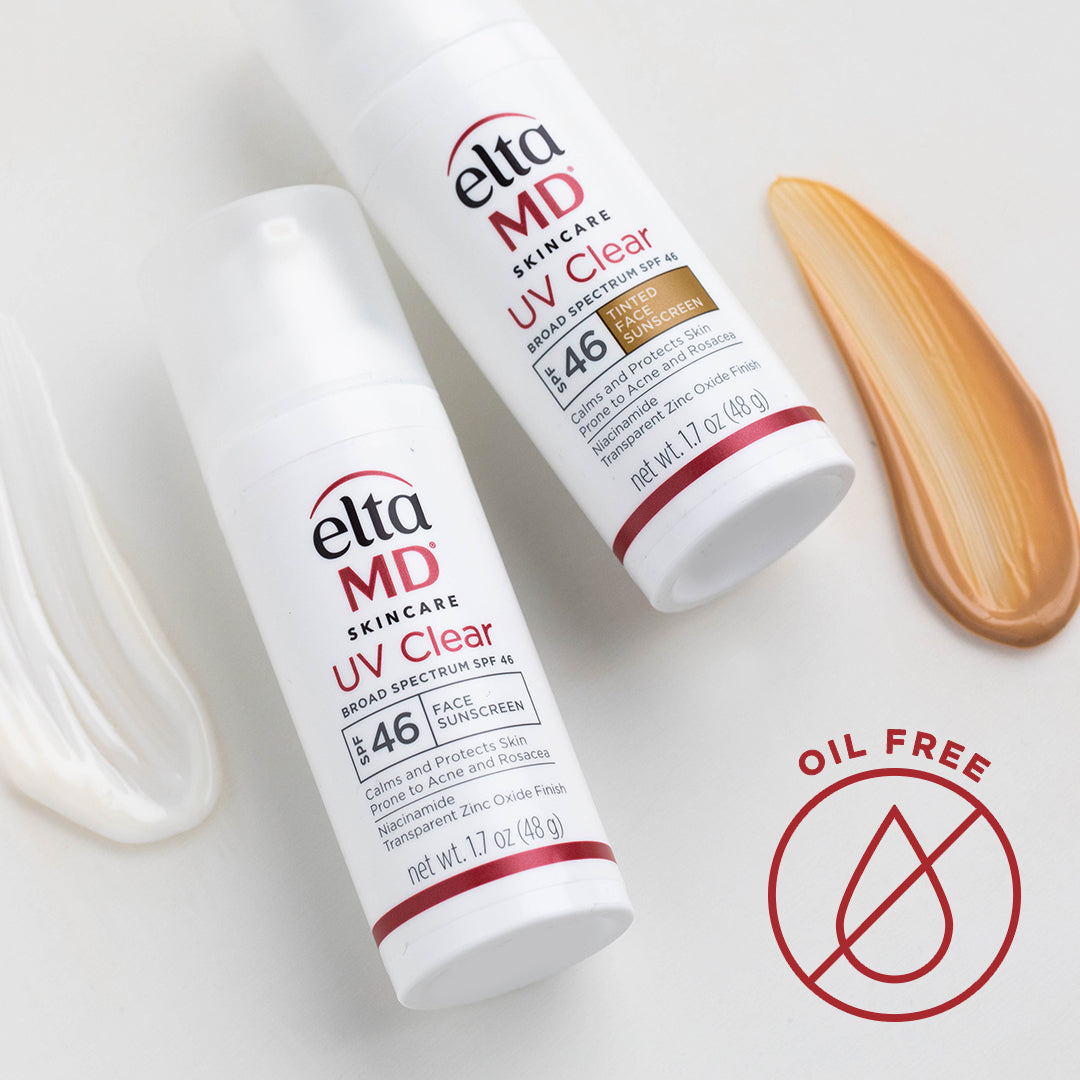 Two bottles of Elta MD UV Clear sunscreen with a swatch on a light background