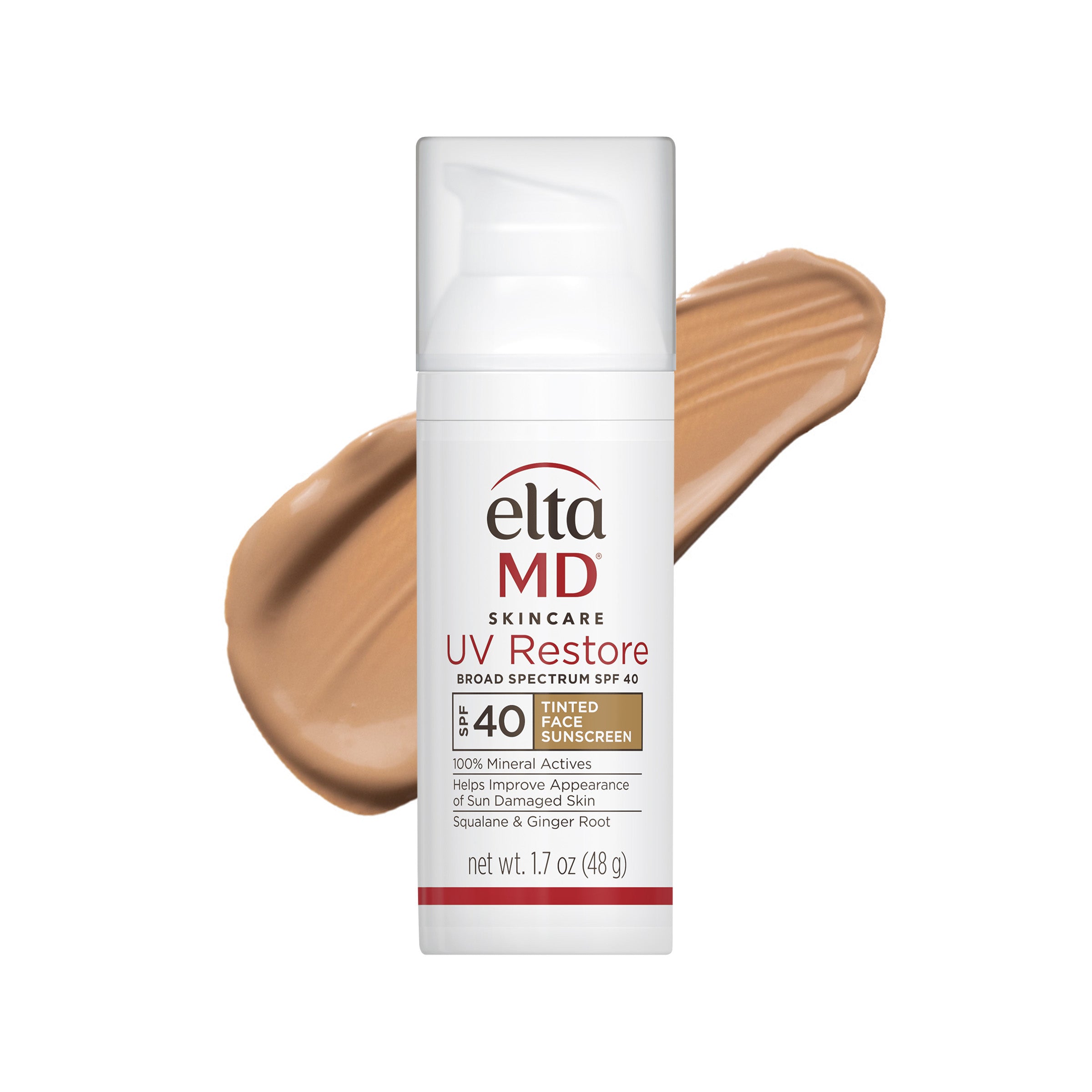Elta MD UV Restore sunscreen bottle with a swatch of tan color on a white background