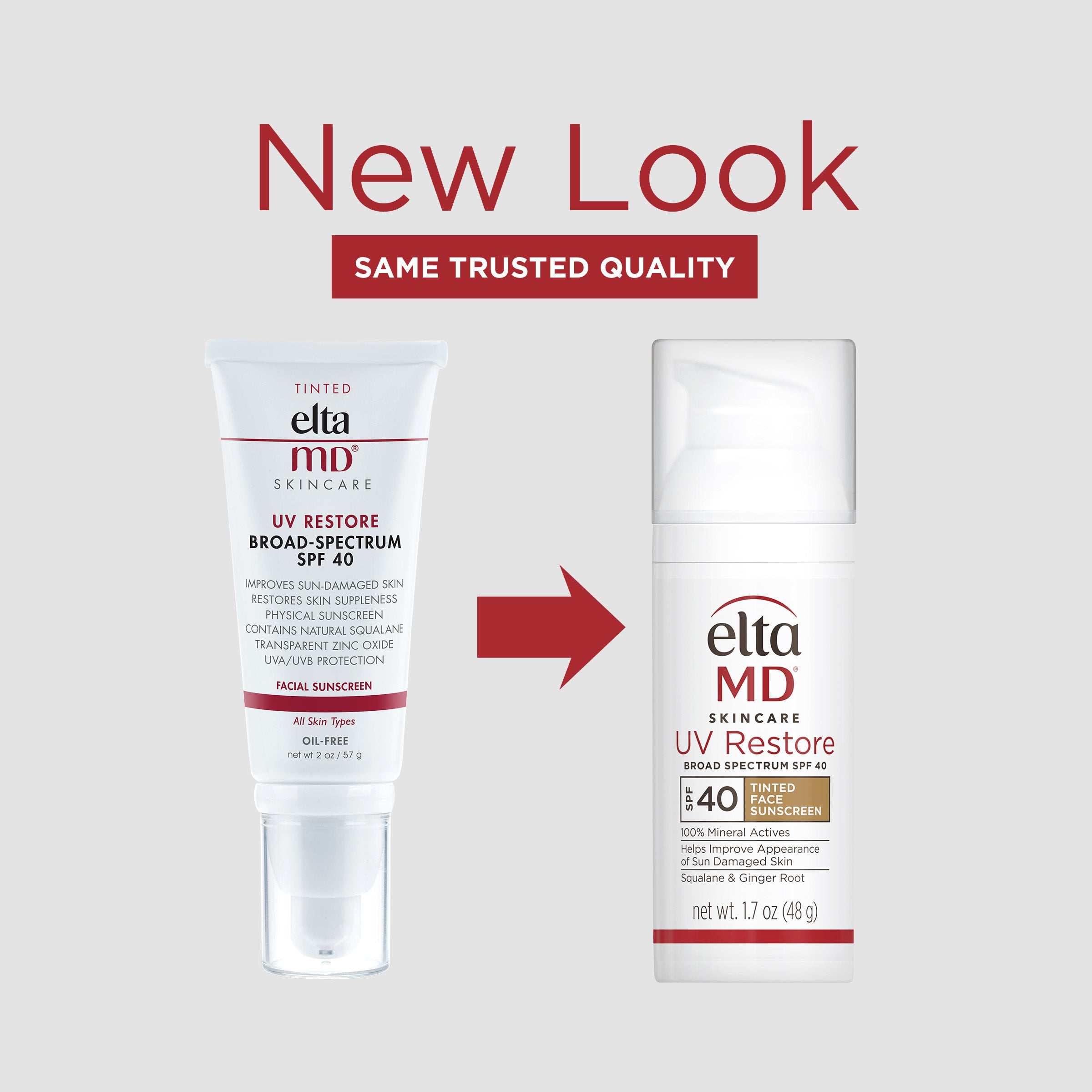 Two Elta MD skincare products with a red arrow and text indicating 'New Look, Same Trusted Quality' on a white background.
