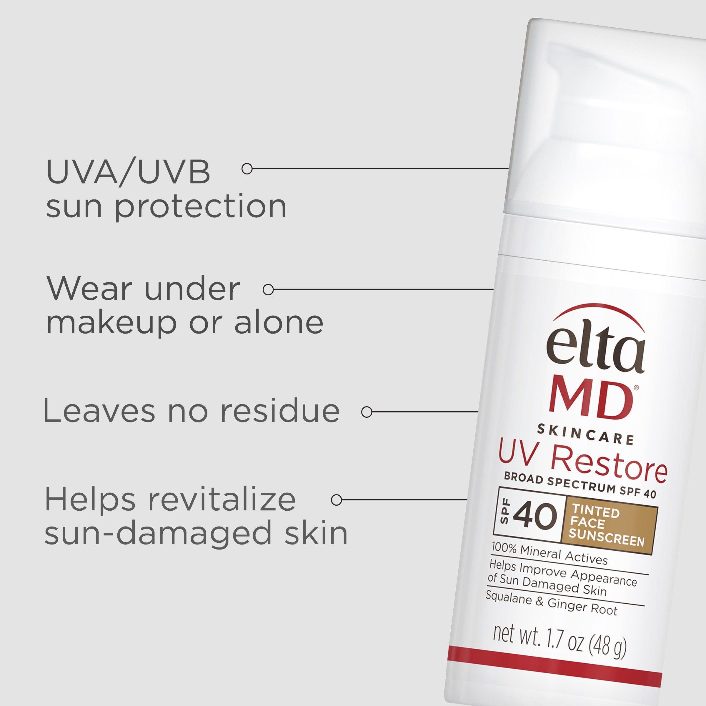 Eltamd UV Restore sunscreen bottle with text highlighting features on a light gray background