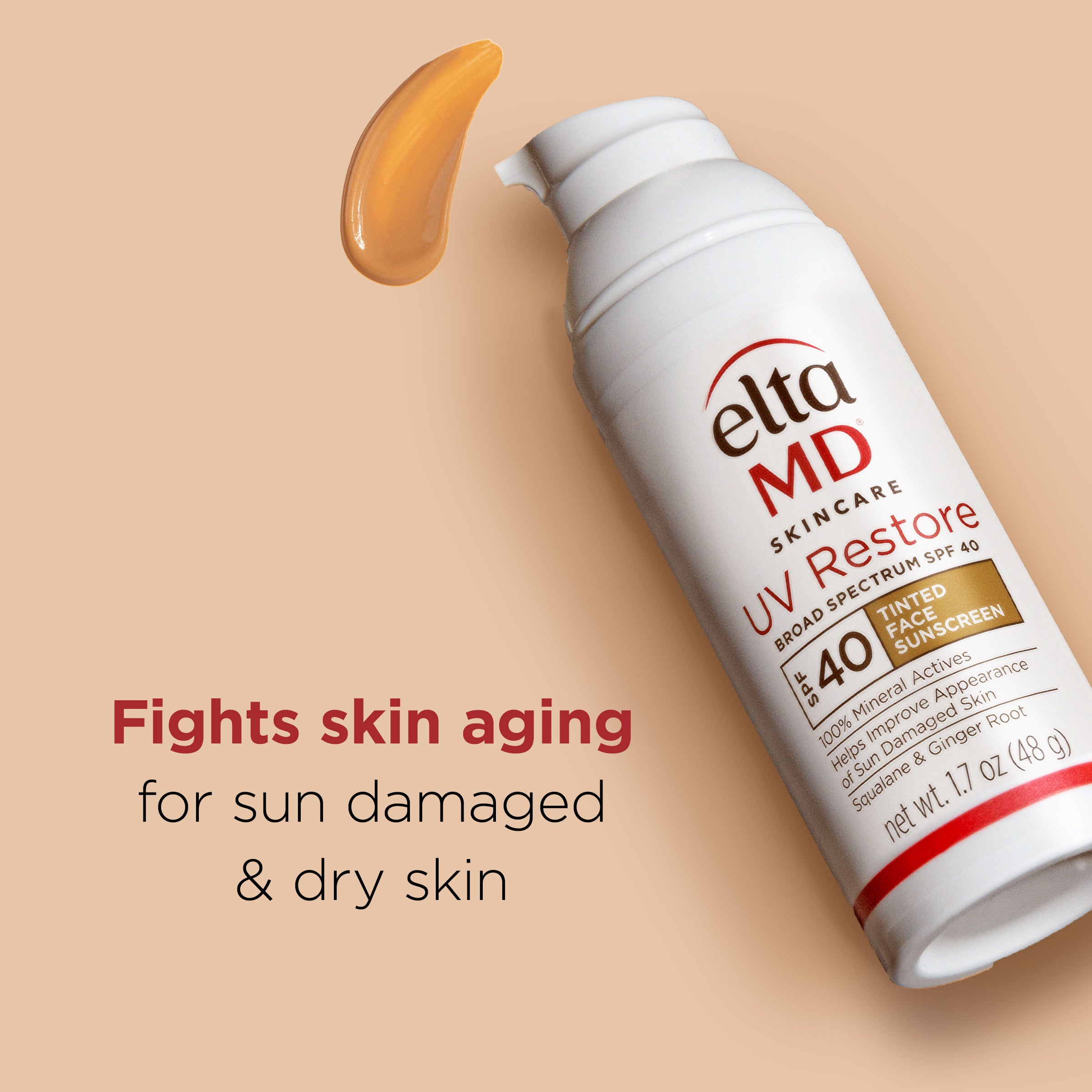 Elta MD UV Restore sunscreen bottle with text on a beige background