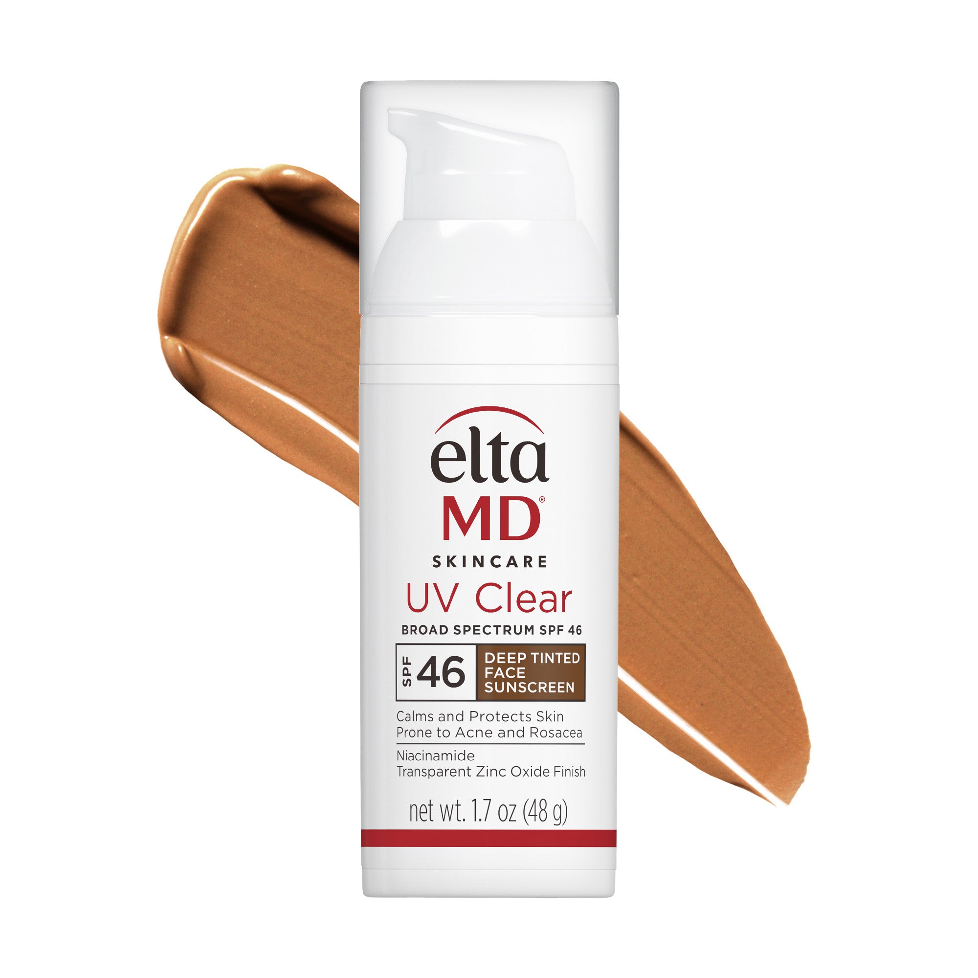 Elta MD UV Clear sunscreen bottle with a swatch of brown color on a white background