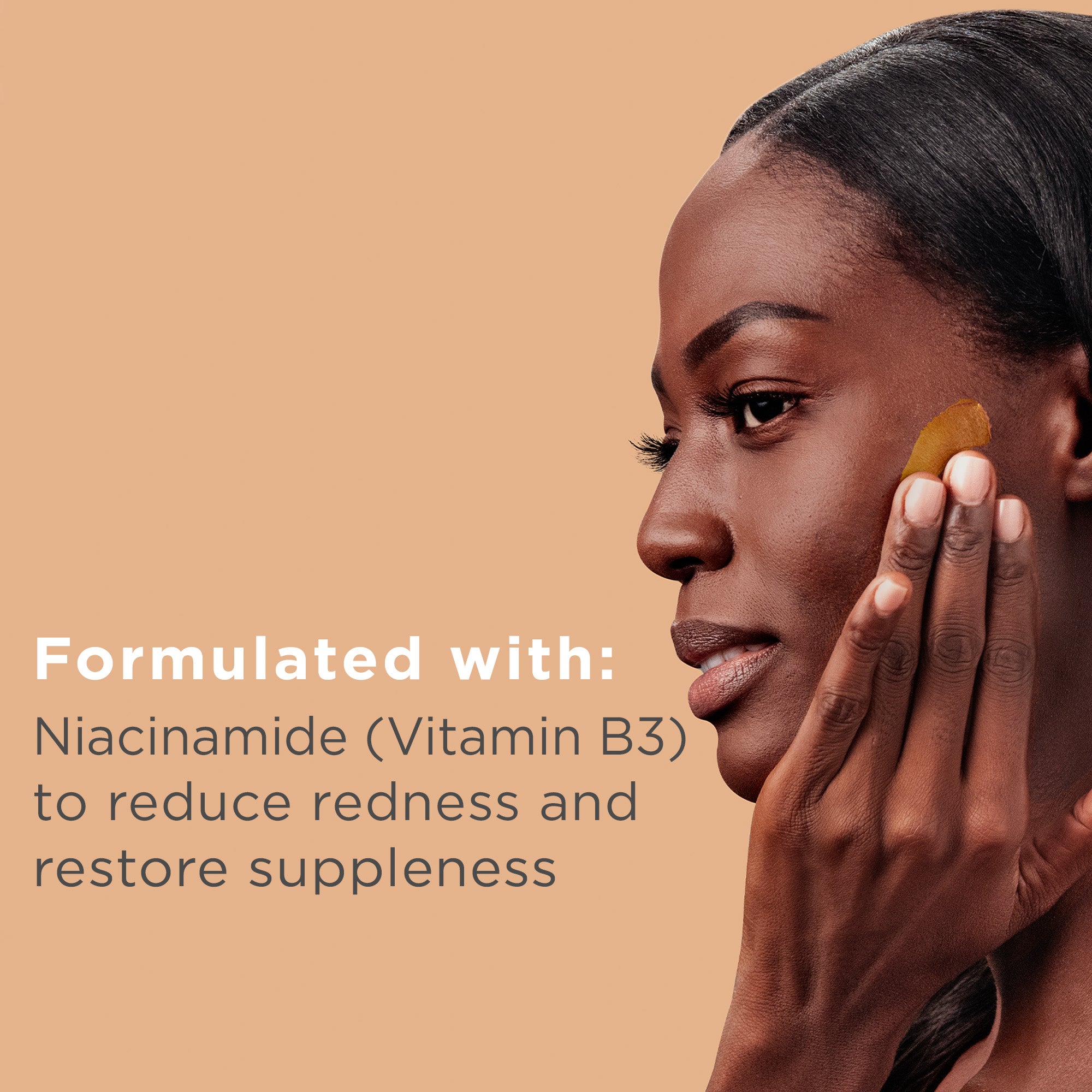 Woman applying a product to her face with text about niacinamide and vitamin B3 on a beige background