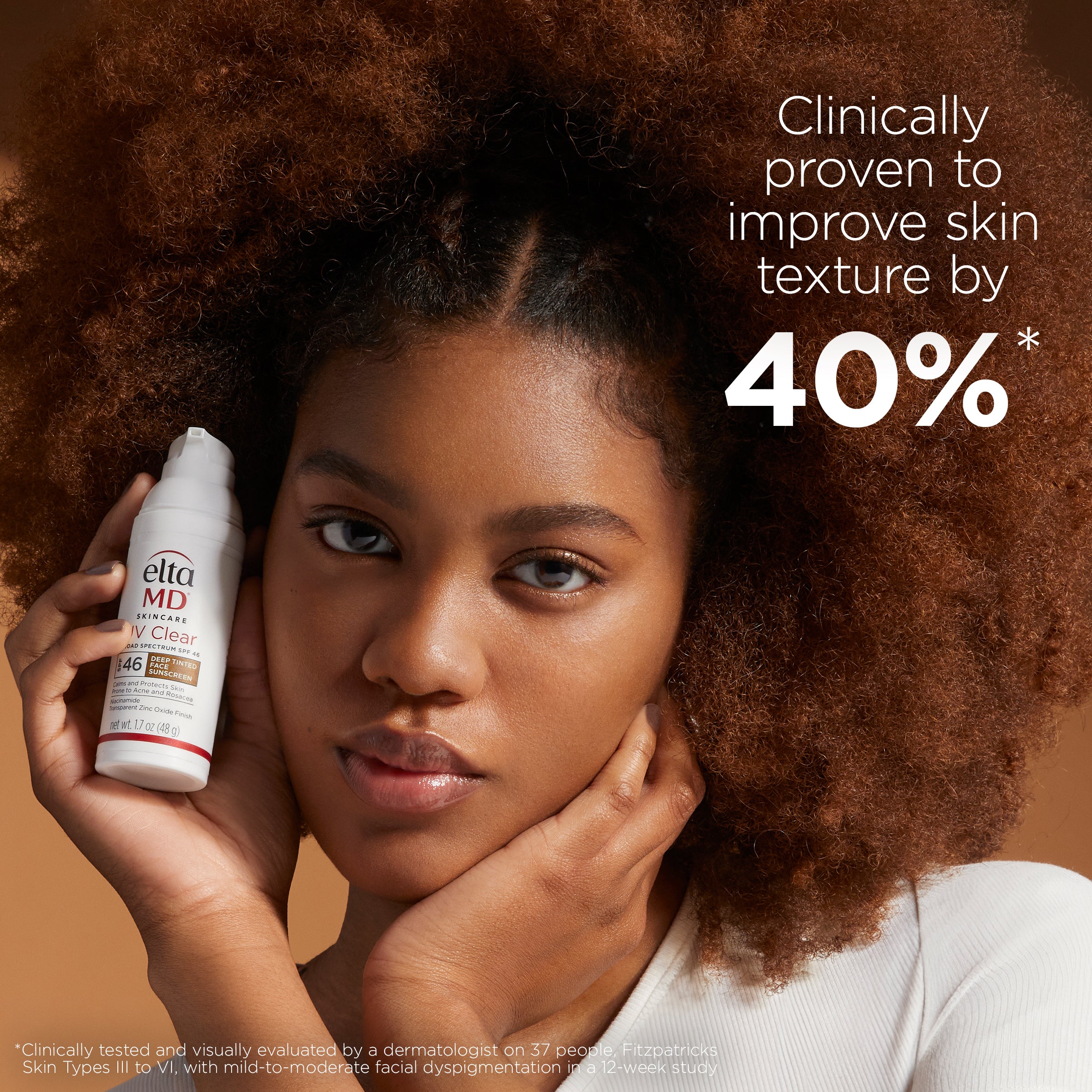 Woman holding a bottle of eltamd product with text claiming clinical improvement in skin texture.