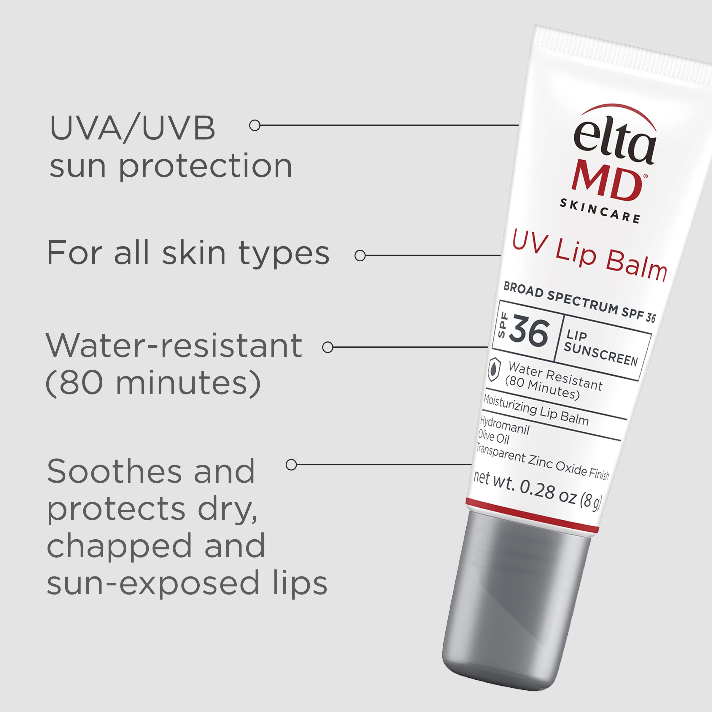 Eltma MD UV Lip Balm with product details on a gray background