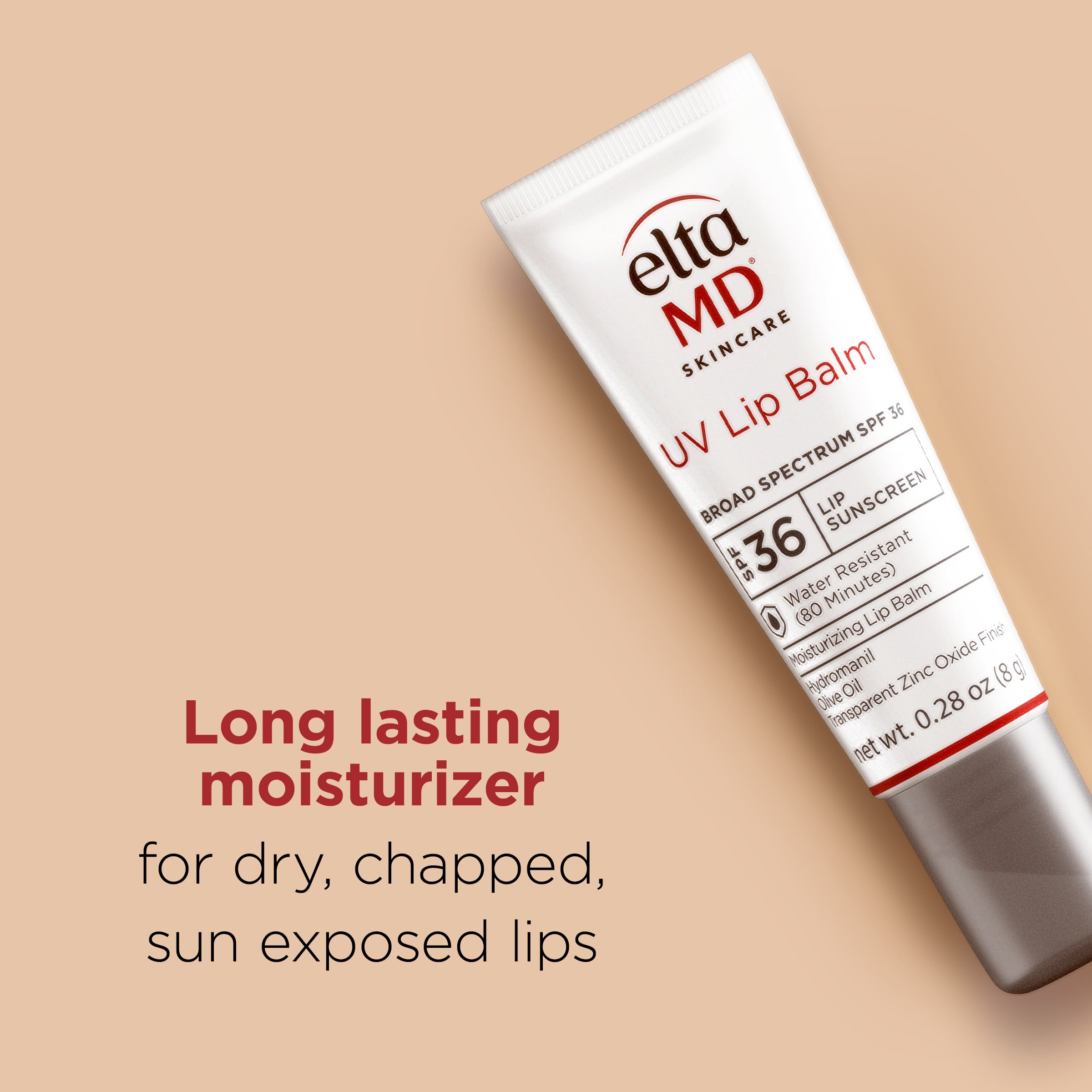 Elta MD UV Lip Balm tube on a beige background with text about moisturizing lips.