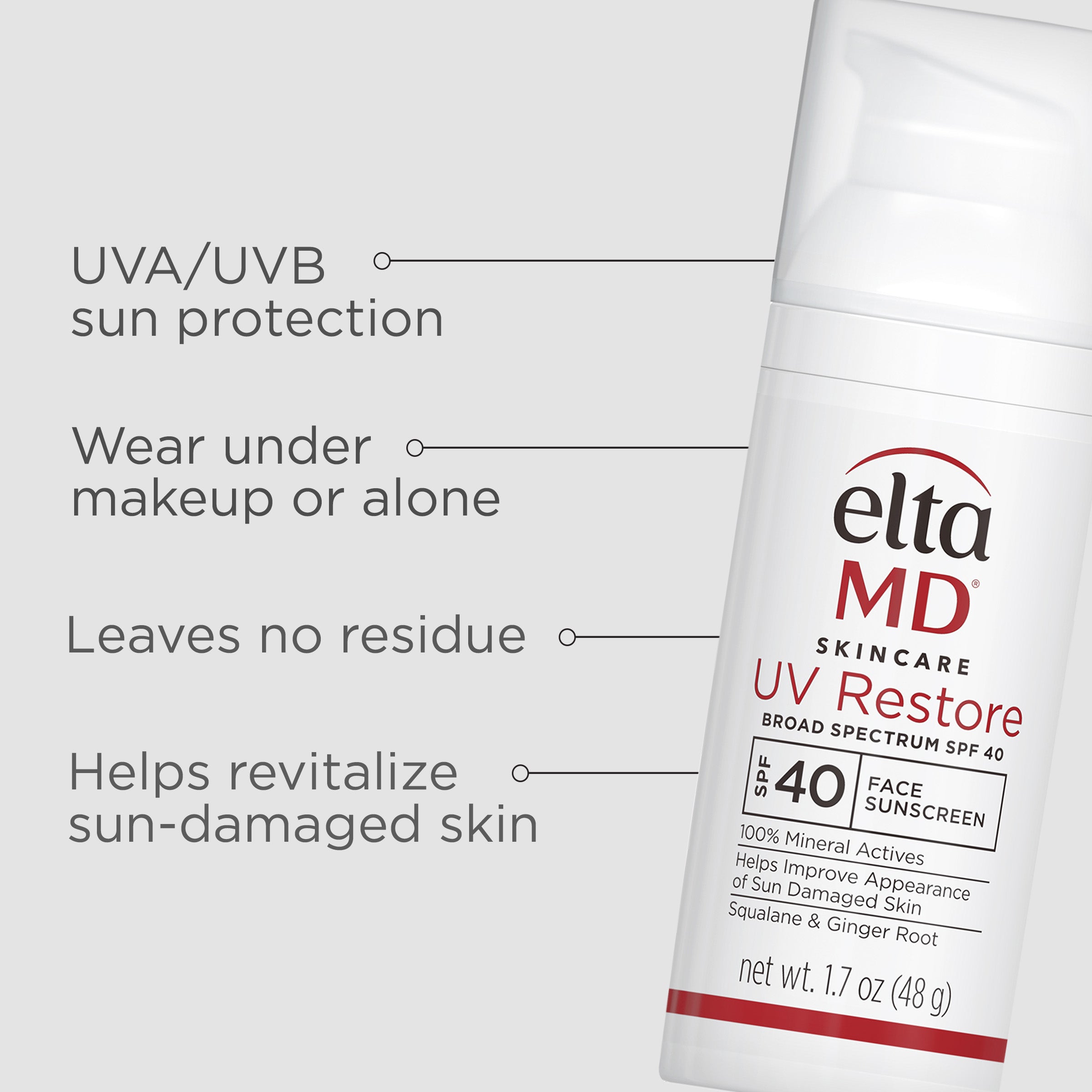 Eltamd UV Restore sunscreen bottle with product features listed on a white background