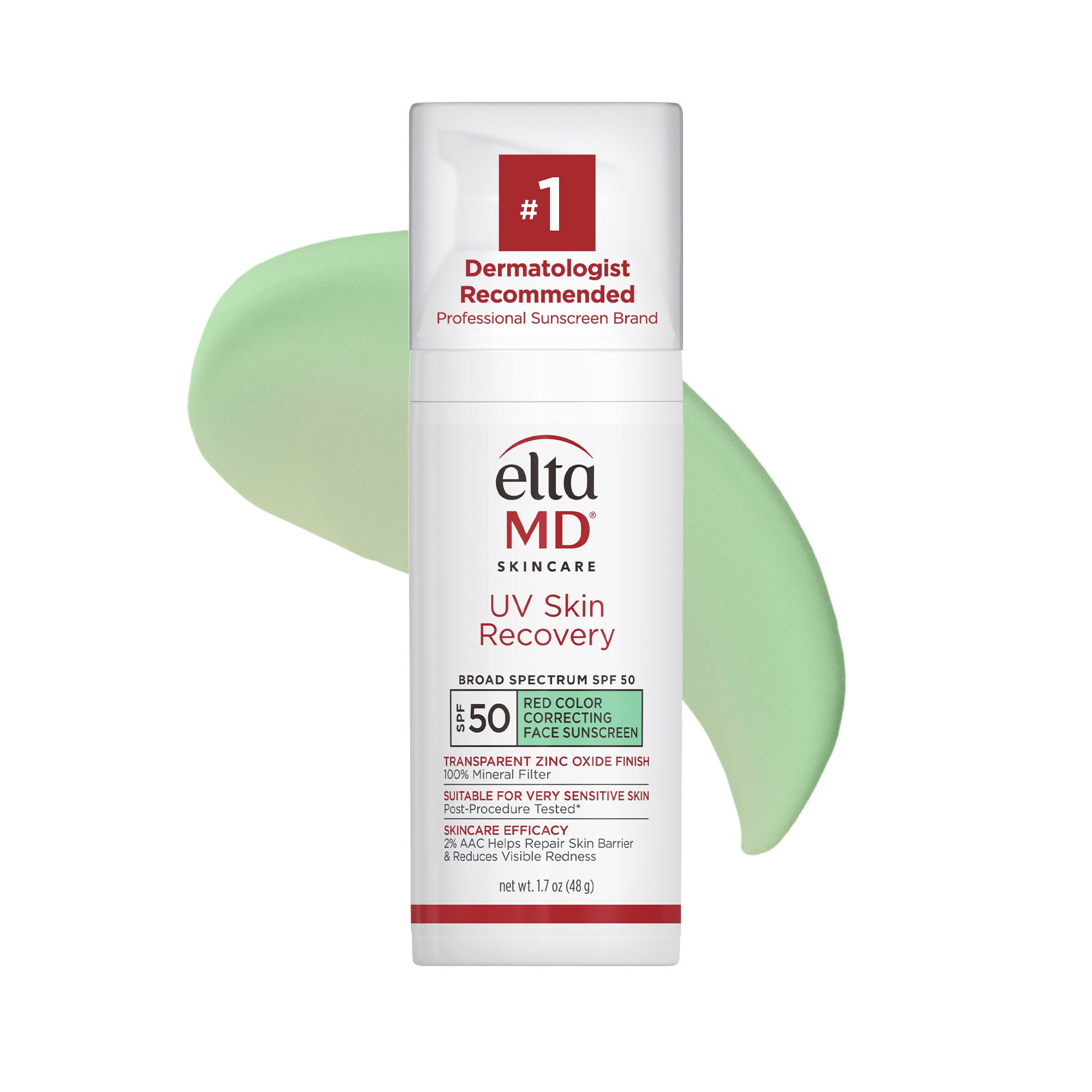 Elta MD UV Skin Recovery sunscreen bottle with green applicator on a white background