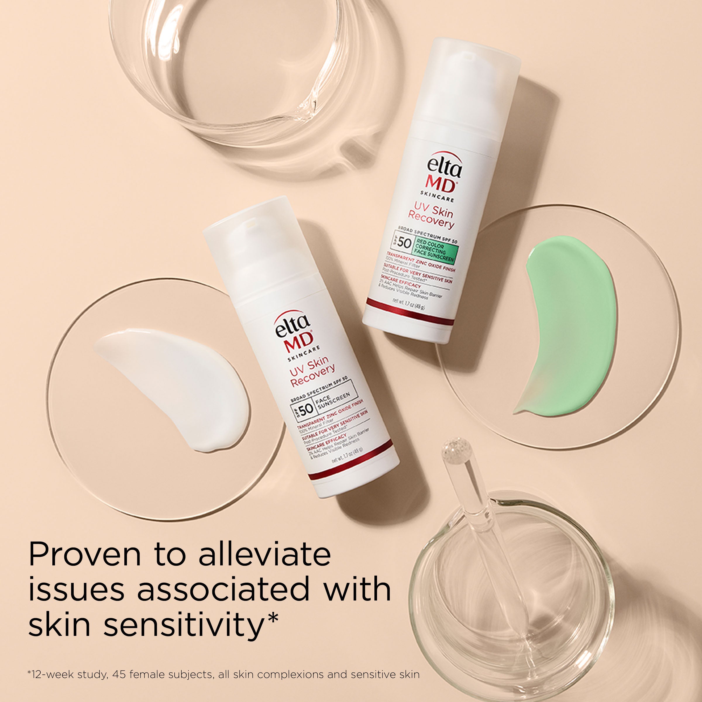 Two bottles of elta MD UV Skin Recovery cream on a beige background with text about skin sensitivity relief.