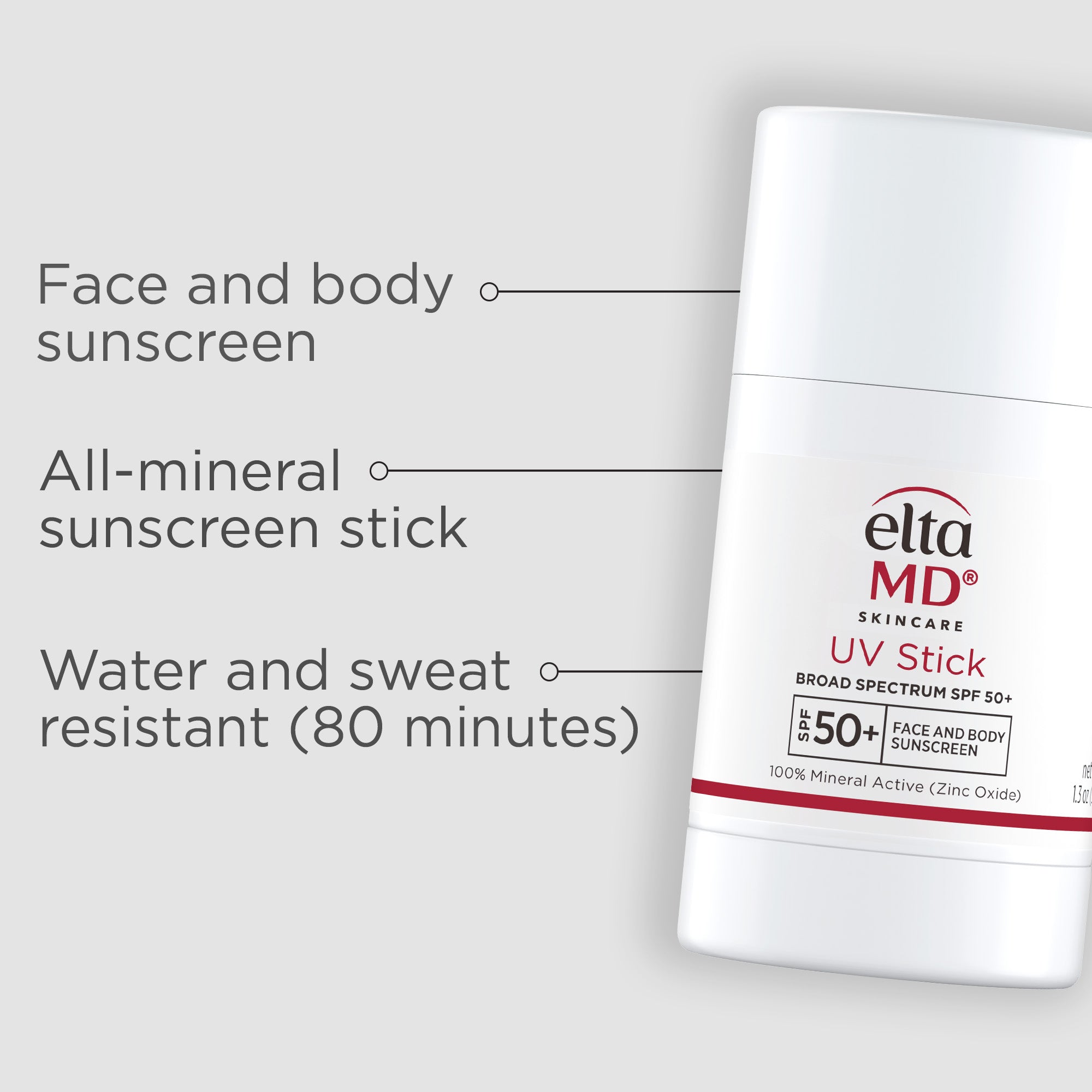 Eltamd sunscreen stick on a white background with text highlighting features