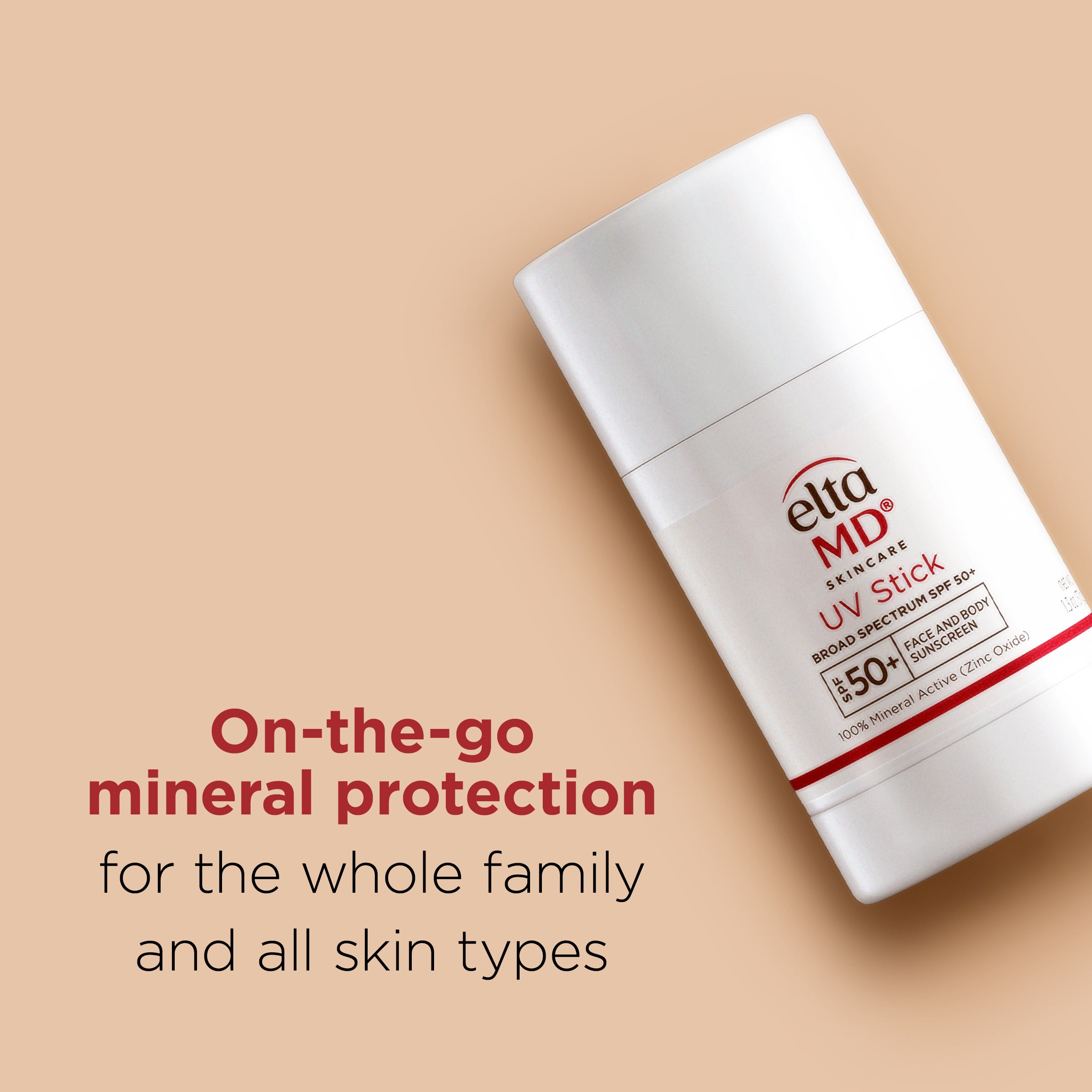 Elta MD UV Stick sunscreen on a beige background with text about family and skin type suitability.