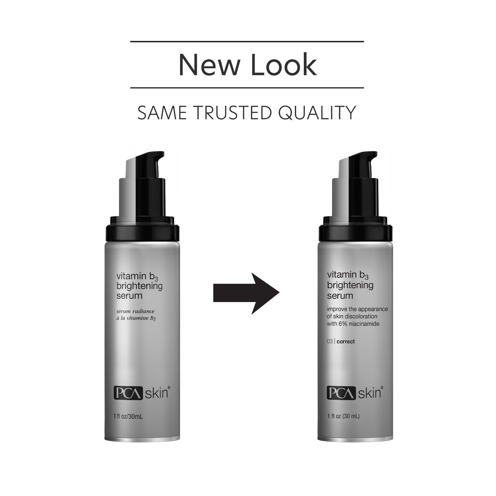 Two bottles of PCA Skin vitamin B3 brightening serum with a new look comparison on a white background.
