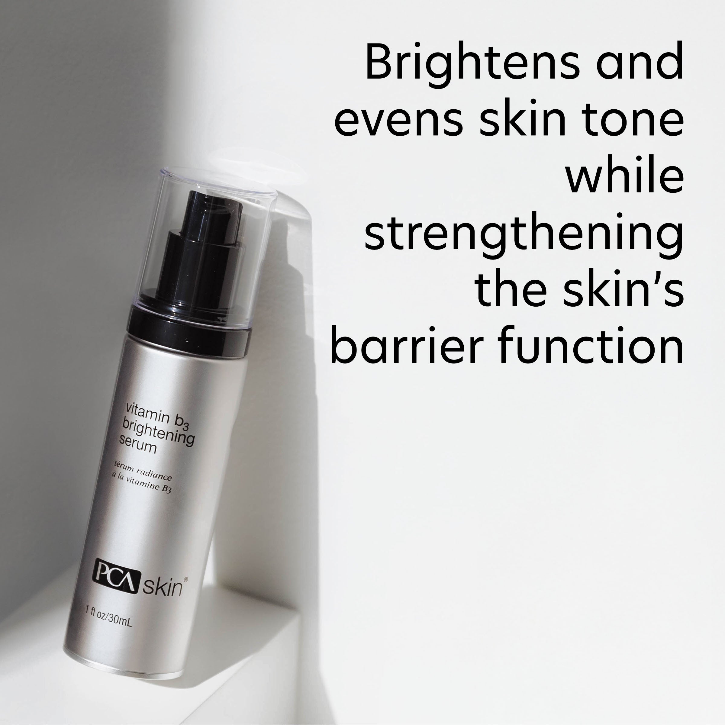 PCA Skin serum bottle with text about skin benefits on a light background