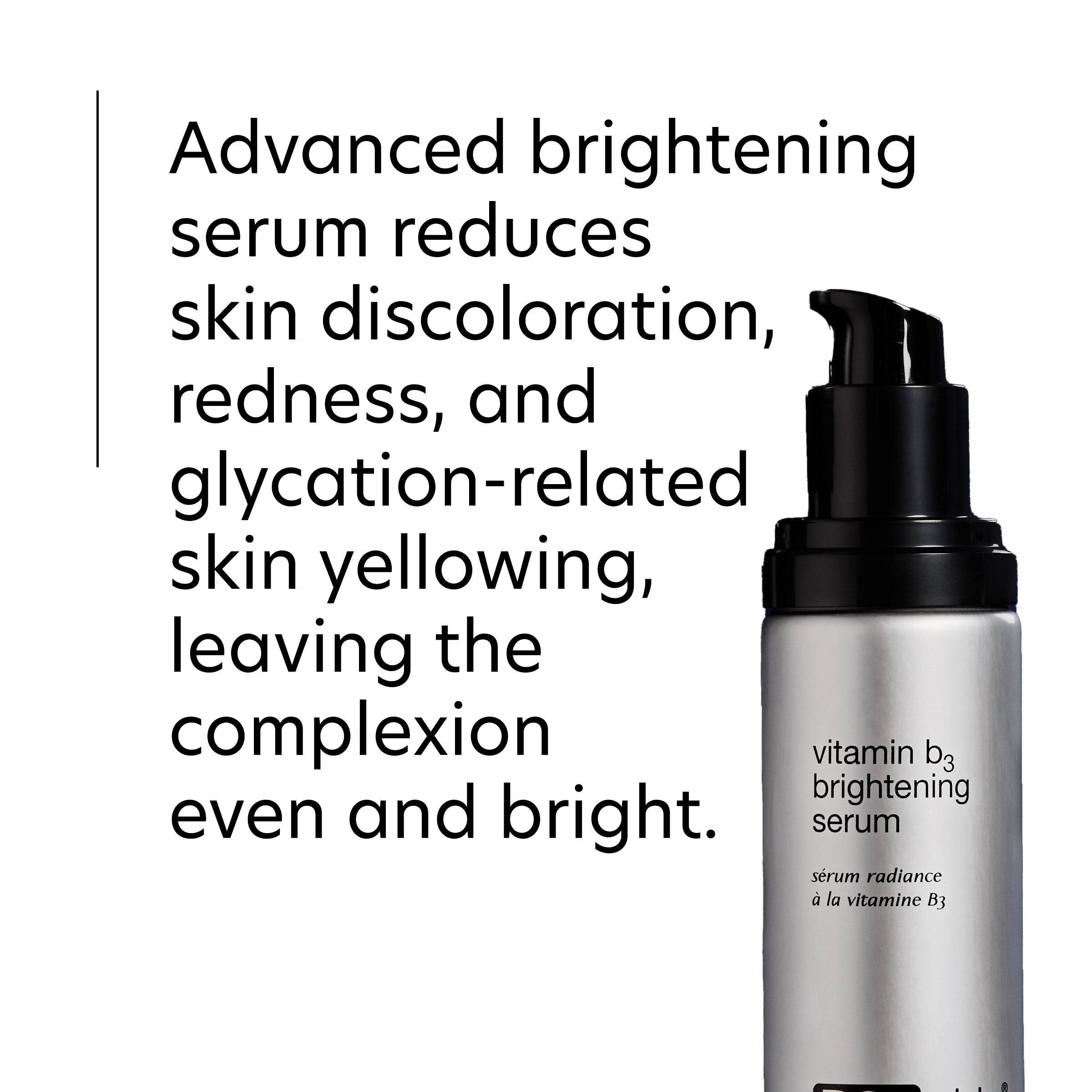 Vitamin B3 brightening serum with text describing its benefits on a white background