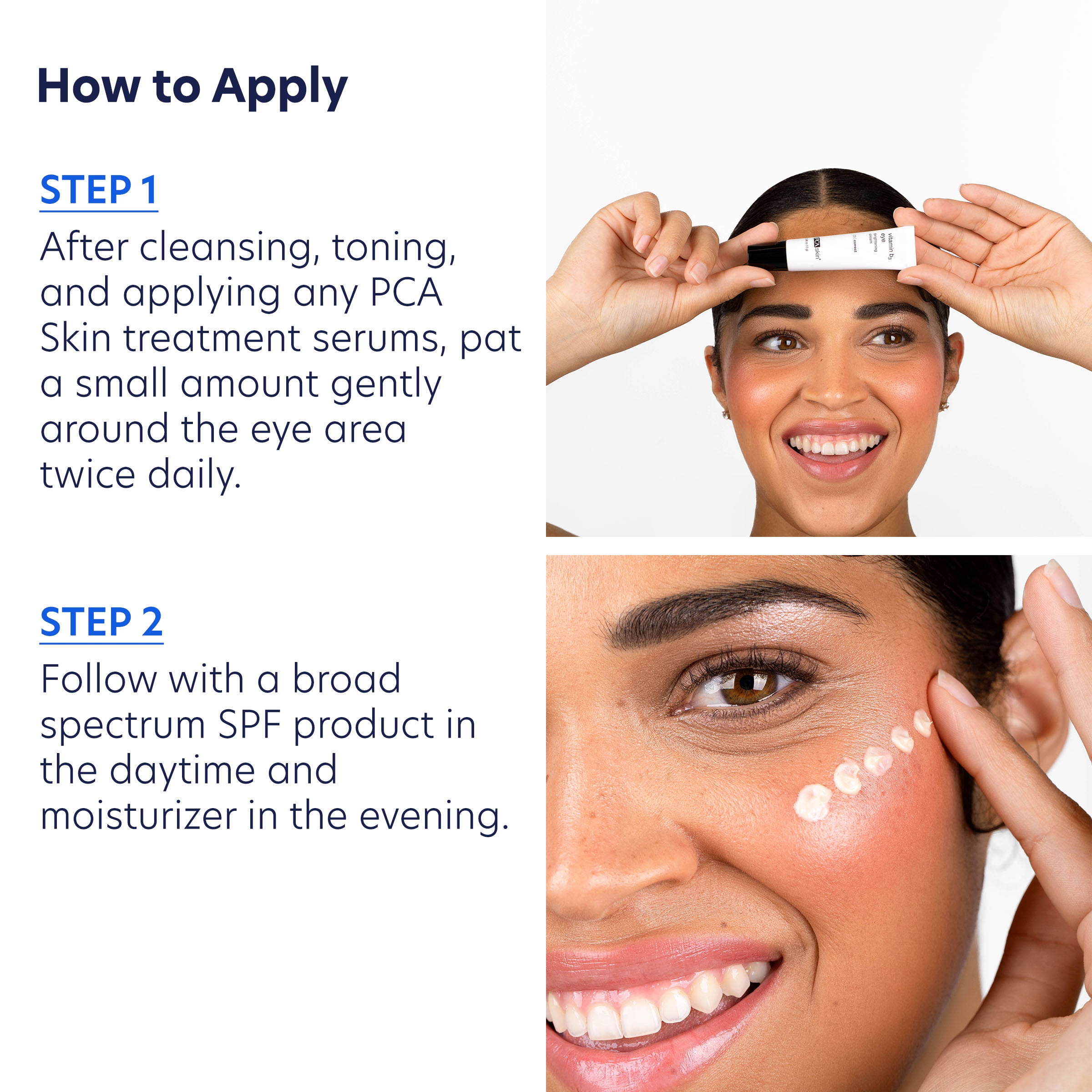 PCA Skin treatment application instructions with a woman applying product around her eyes.