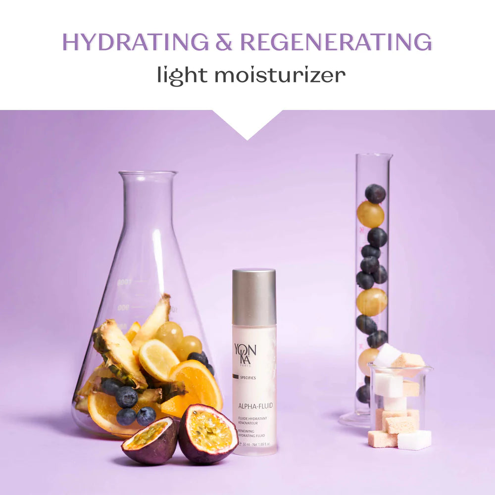 Light moisturizer bottle with fruits and a purple background
