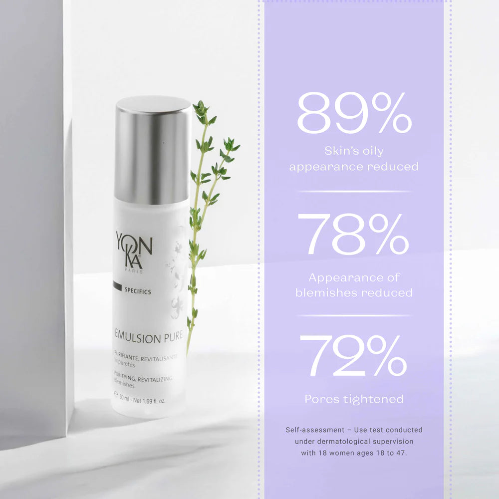 Skincare emulsion bottle with percentage reductions on a light gray background