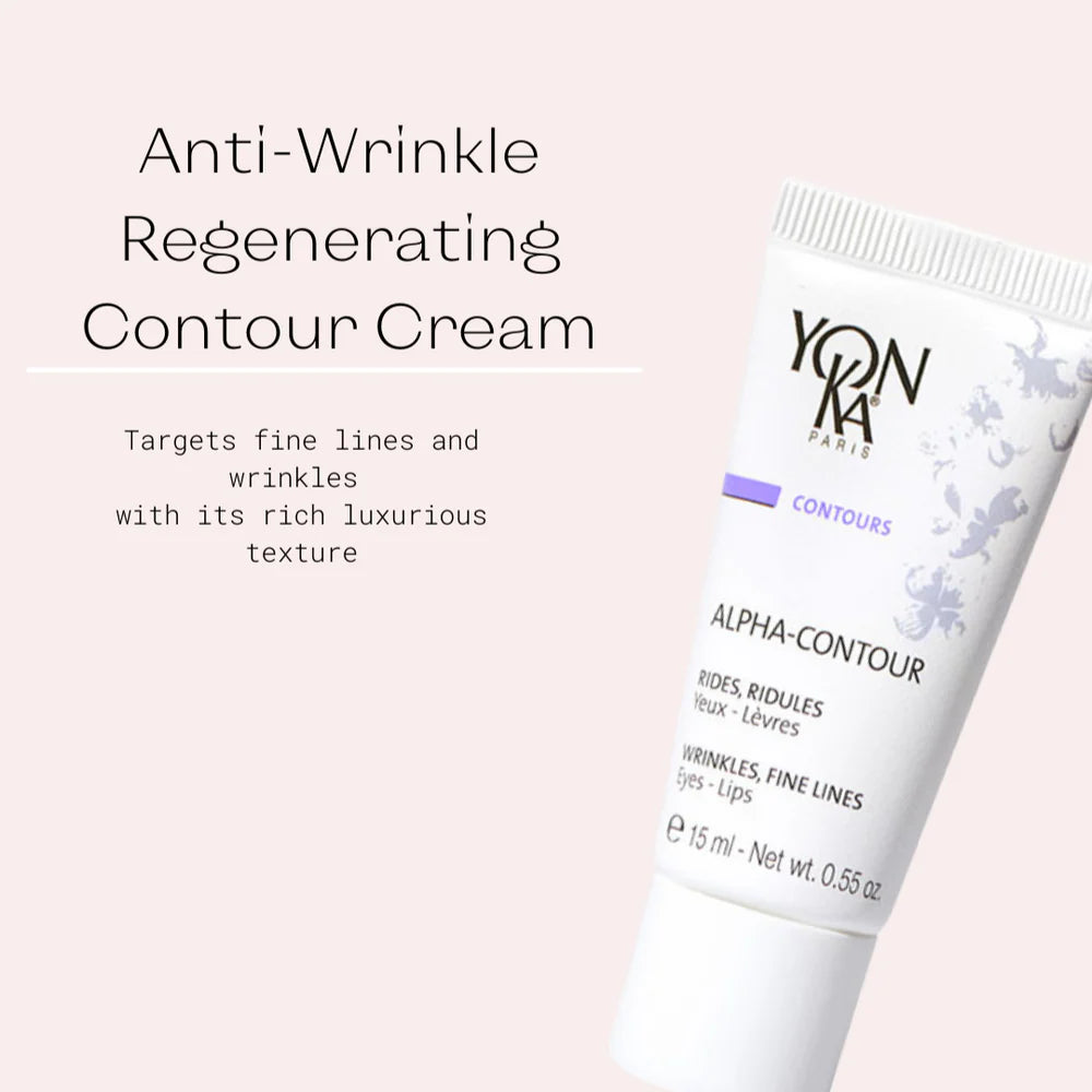 Yon-Ka Alpha-Contour cream tube on a light pink background with text about anti-wrinkle properties.