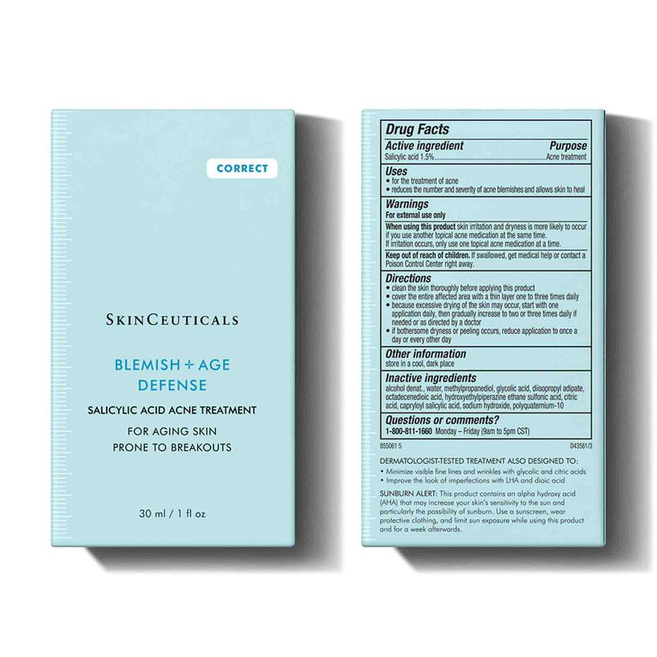 SkinCeuticals Blemish + Age Defense packaging with text on a white background