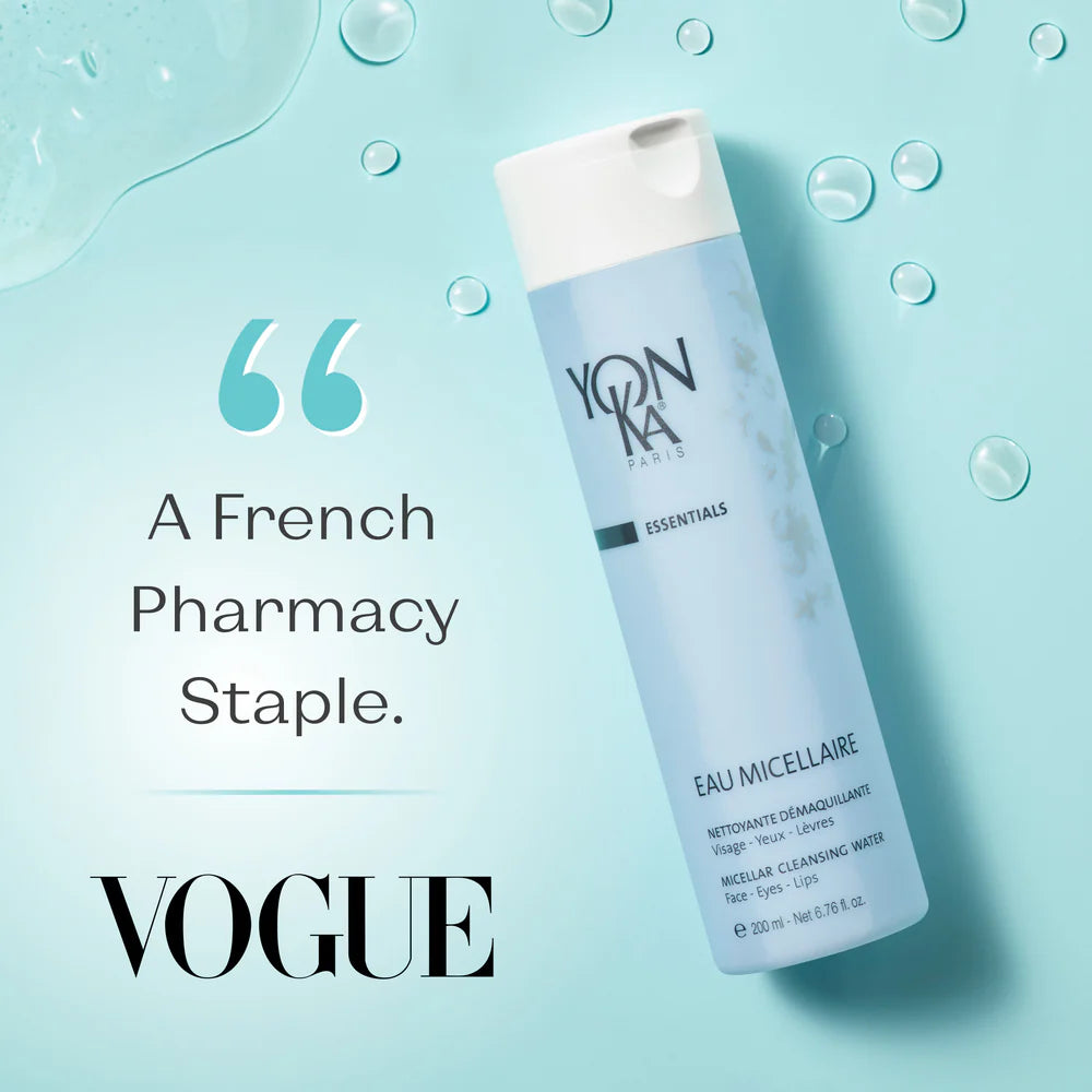 Yon-Ka micellar water bottle on a light blue background with bubbles, featuring Vogue's endorsement.