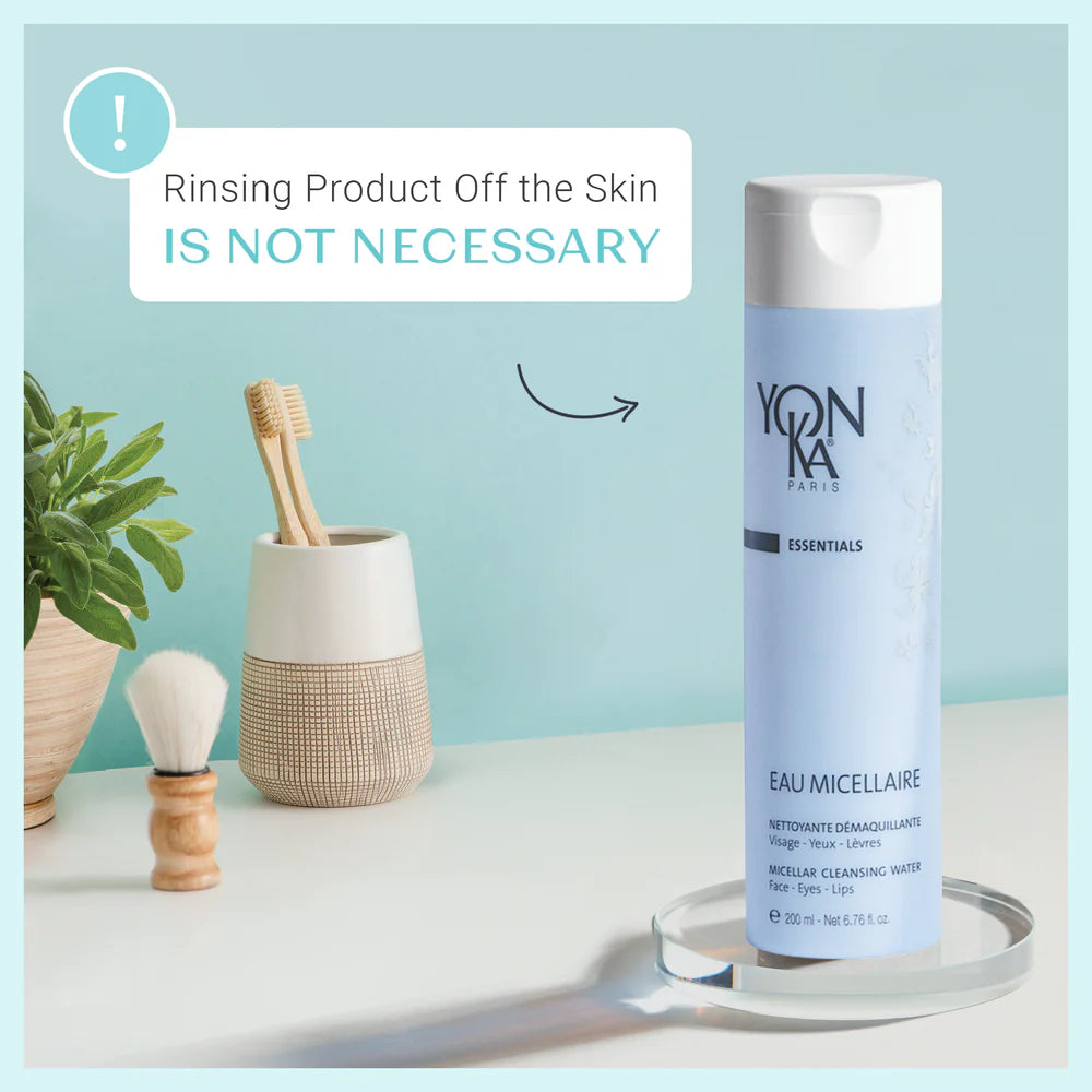 Yon-Ka skincare product on a table with grooming items and text about rinsing.