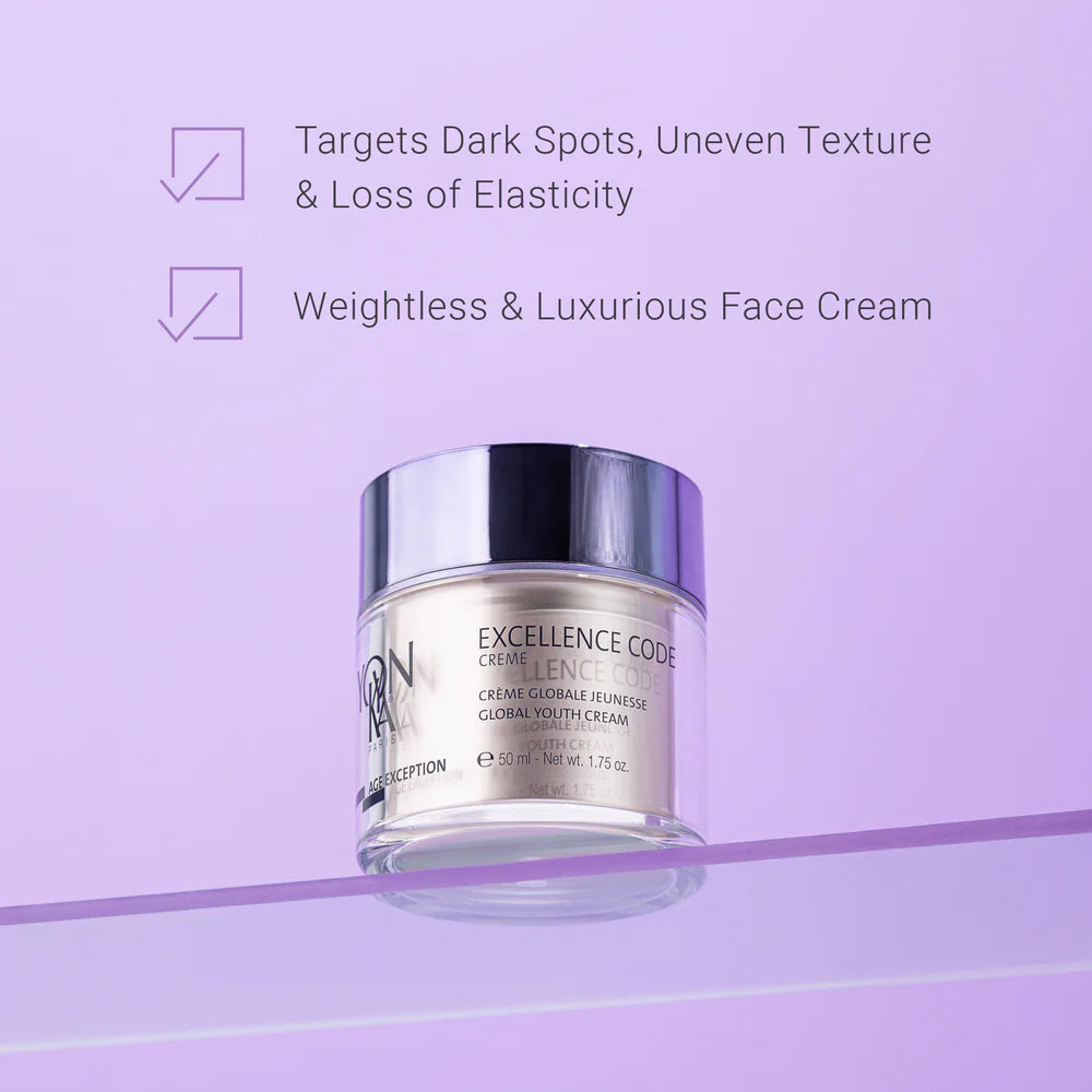 Facial cream jar with purple background and text about product benefits