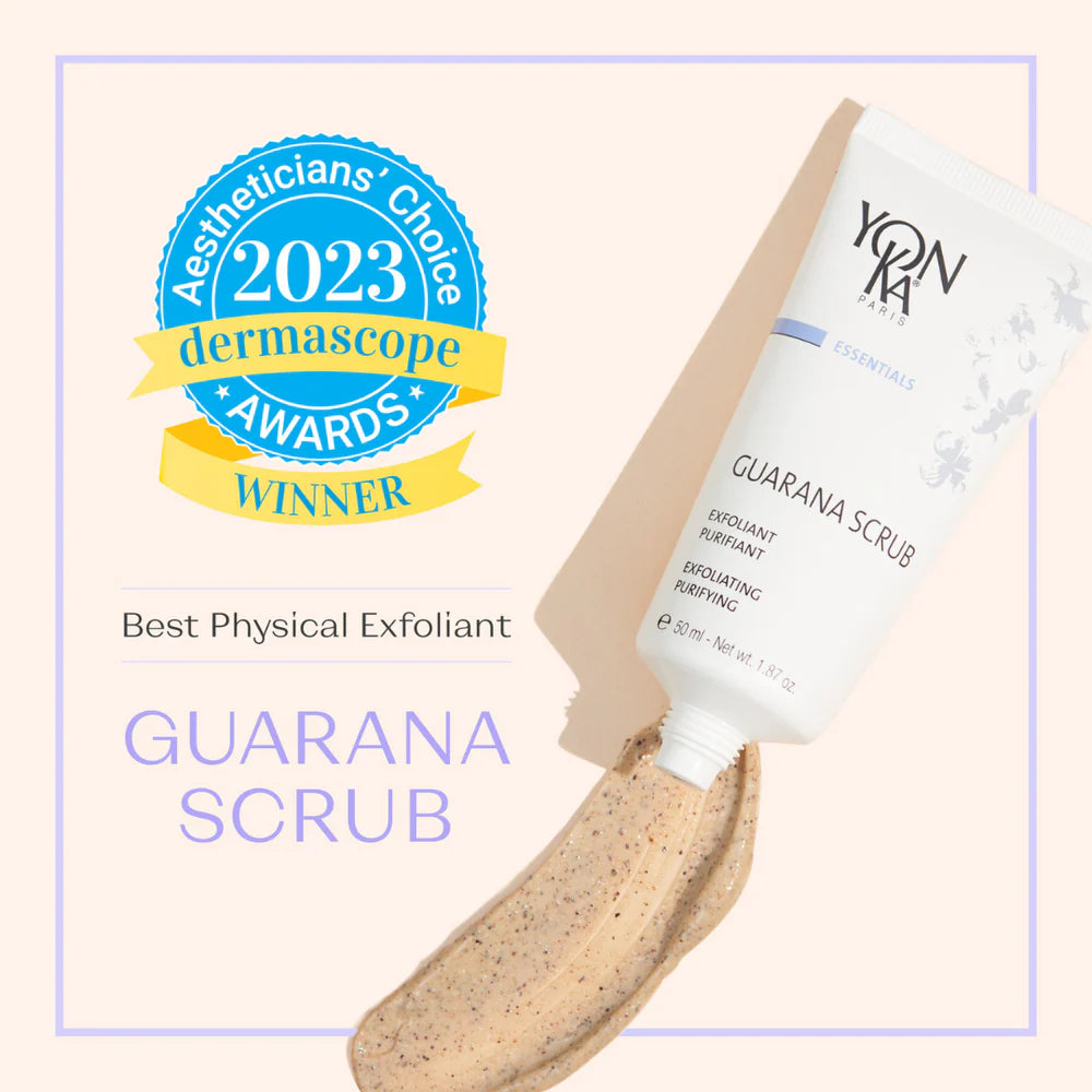 Yonka Guarana Scrub with 2023 Aestheticians' Choice Dermascope Awards Winner badge on a beige background