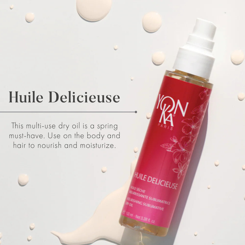 Yon-Ka Huile Delicieuse bottle on a light gray background with product description text.