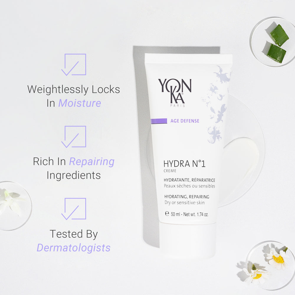 Yon-Ka Hydran 1 cream packaging with product features on a light gray background