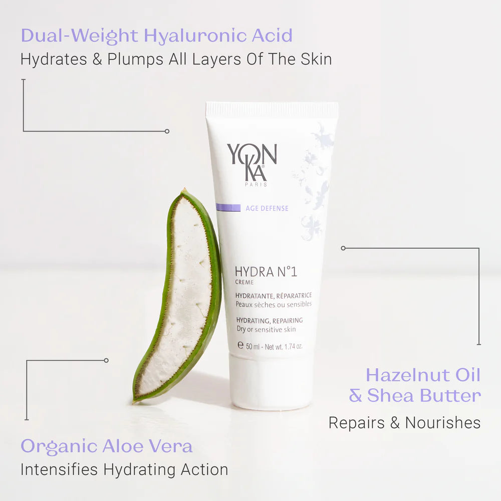 Yon-Ka skincare product with aloe vera and text highlighting ingredients on a light gray background
