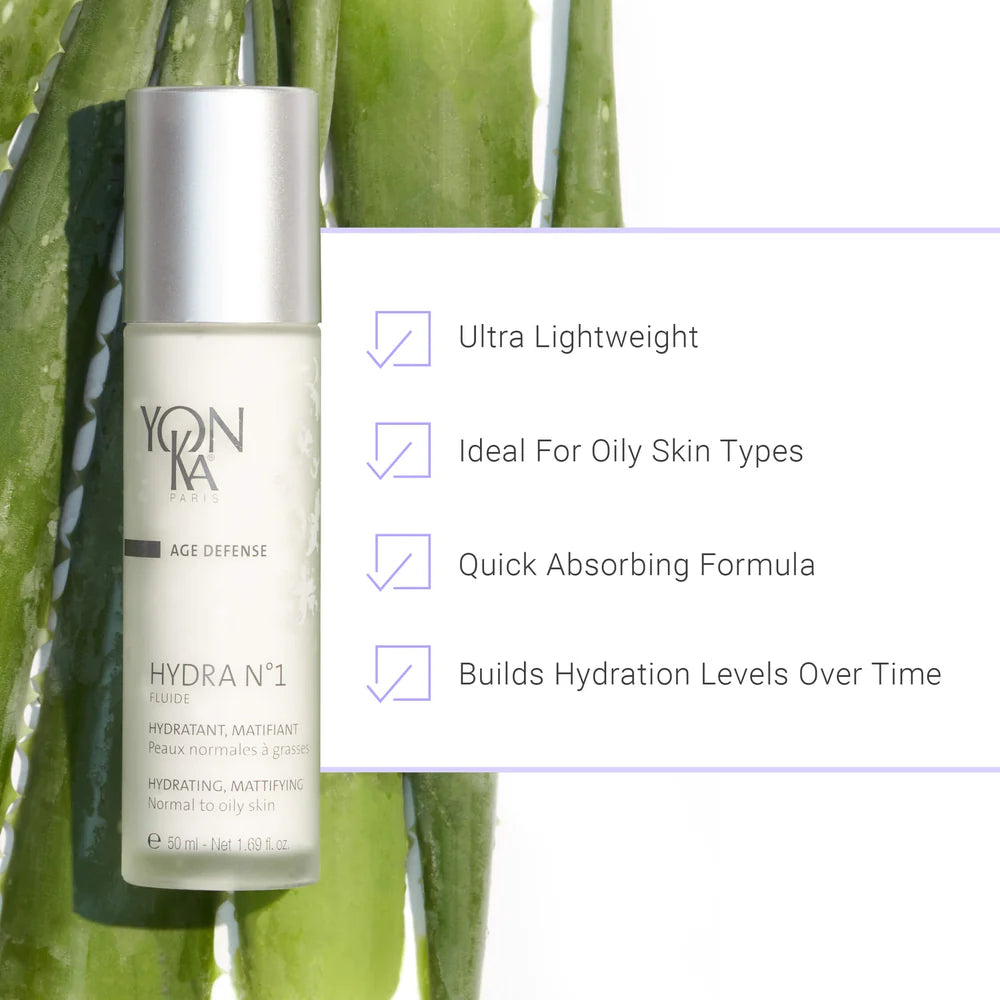 Yonka skincare bottle with aloe vera leaves and product features on a white background