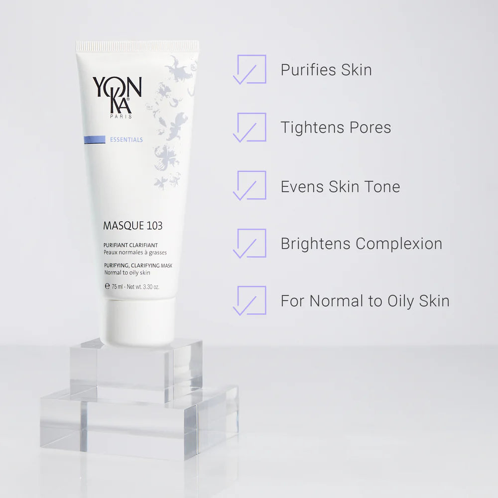 Yon-Ka skincare mask with benefits listed on a light gray background