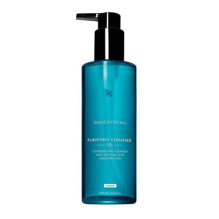 Blue bottle of SkinCeuticals Purifying Cleanser on a white background