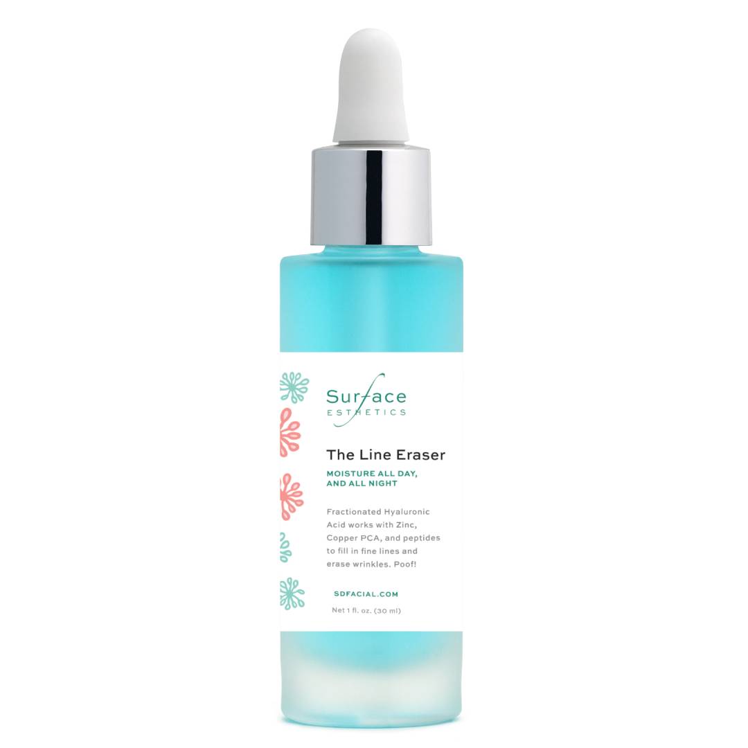 Skincare serum bottle with dropper labeled 'The Line Eraser' on a white background