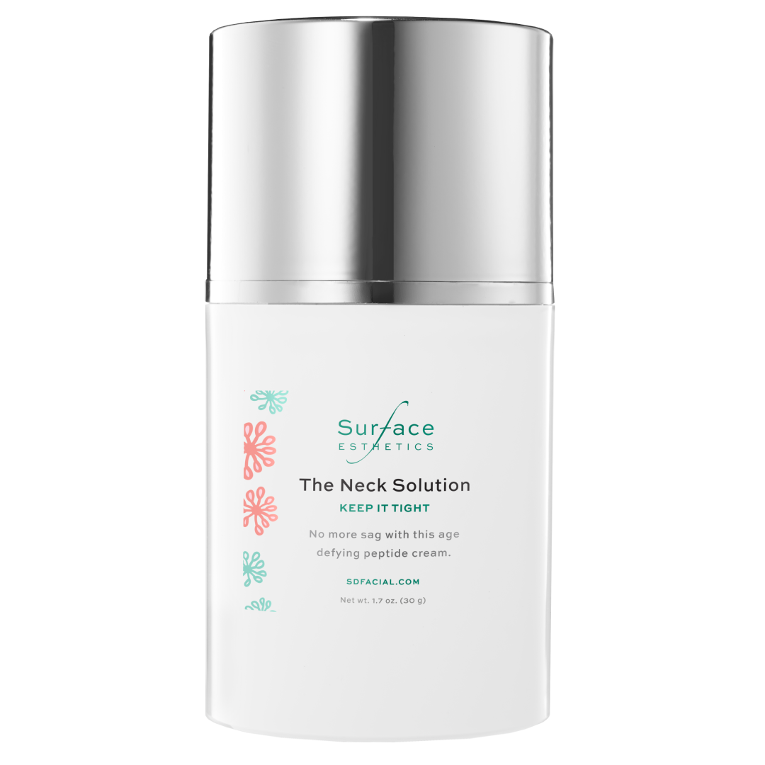 Skincare cream jar labeled 'The Neck Solution' by Surface Cosmetics on a white background
