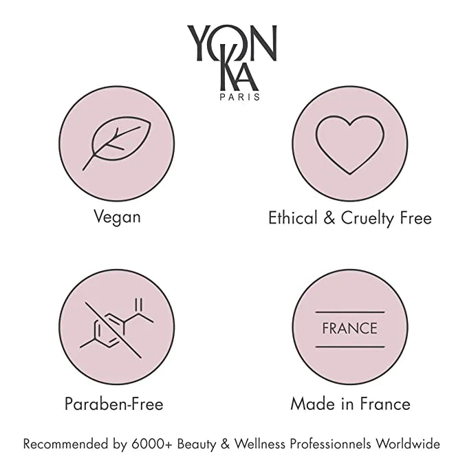 Yon-Ka Paris product features including vegan, ethical & cruelty free, paraben-free, made in France, and recommended by beauty professionals.