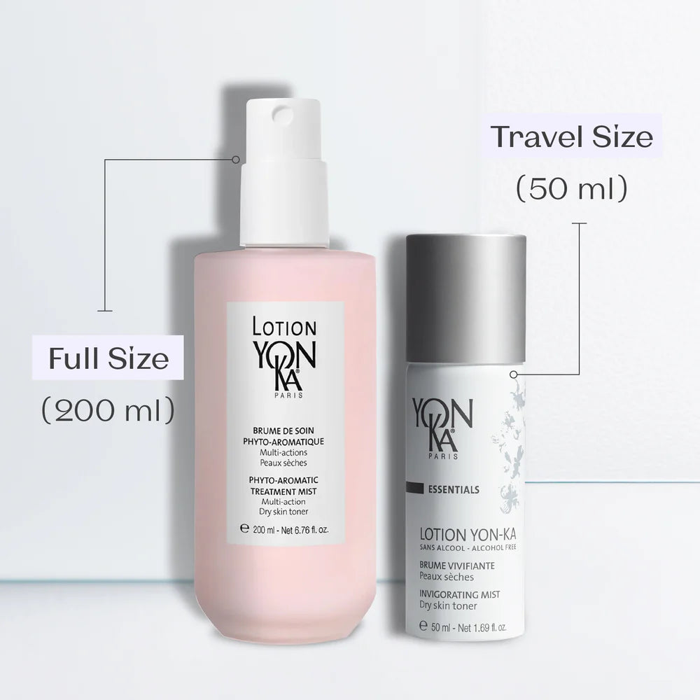 Comparison of full-size and travel-size Yon-Ka skincare products on a light gray background.