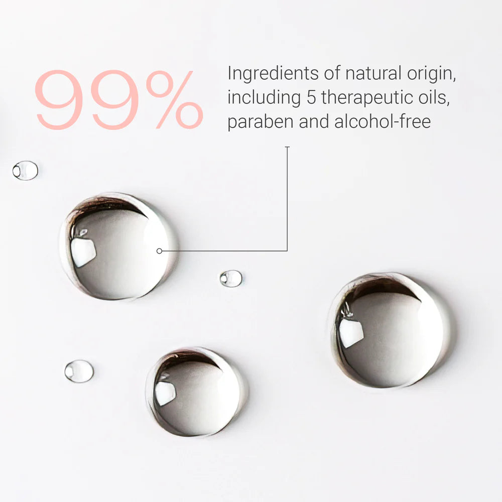 Bubbles with text about natural ingredients and product features on a white background